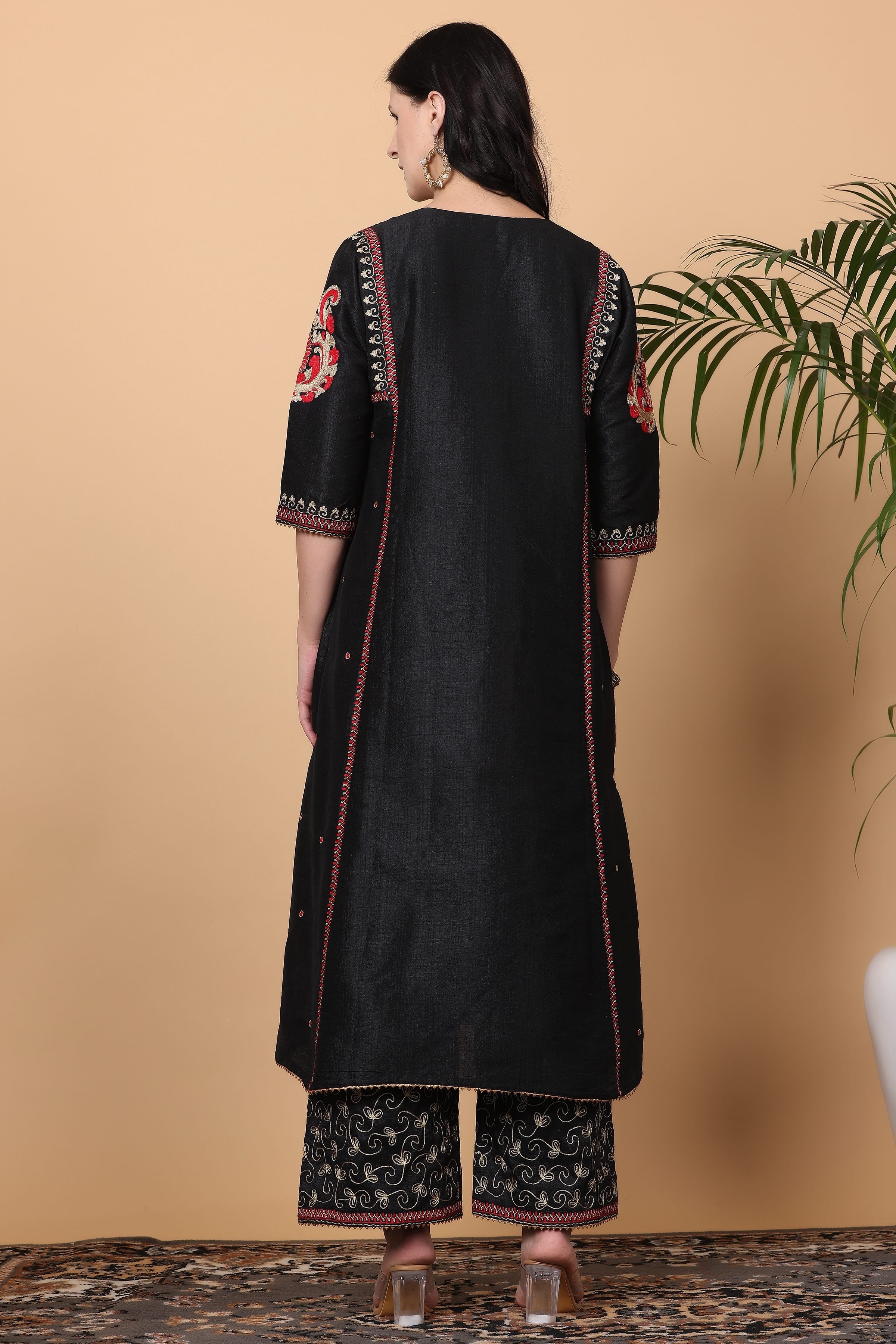 Kaanchie Nanggia Black Embroidered Kurta Palazzo with Gold Dupatta (Set of 3)