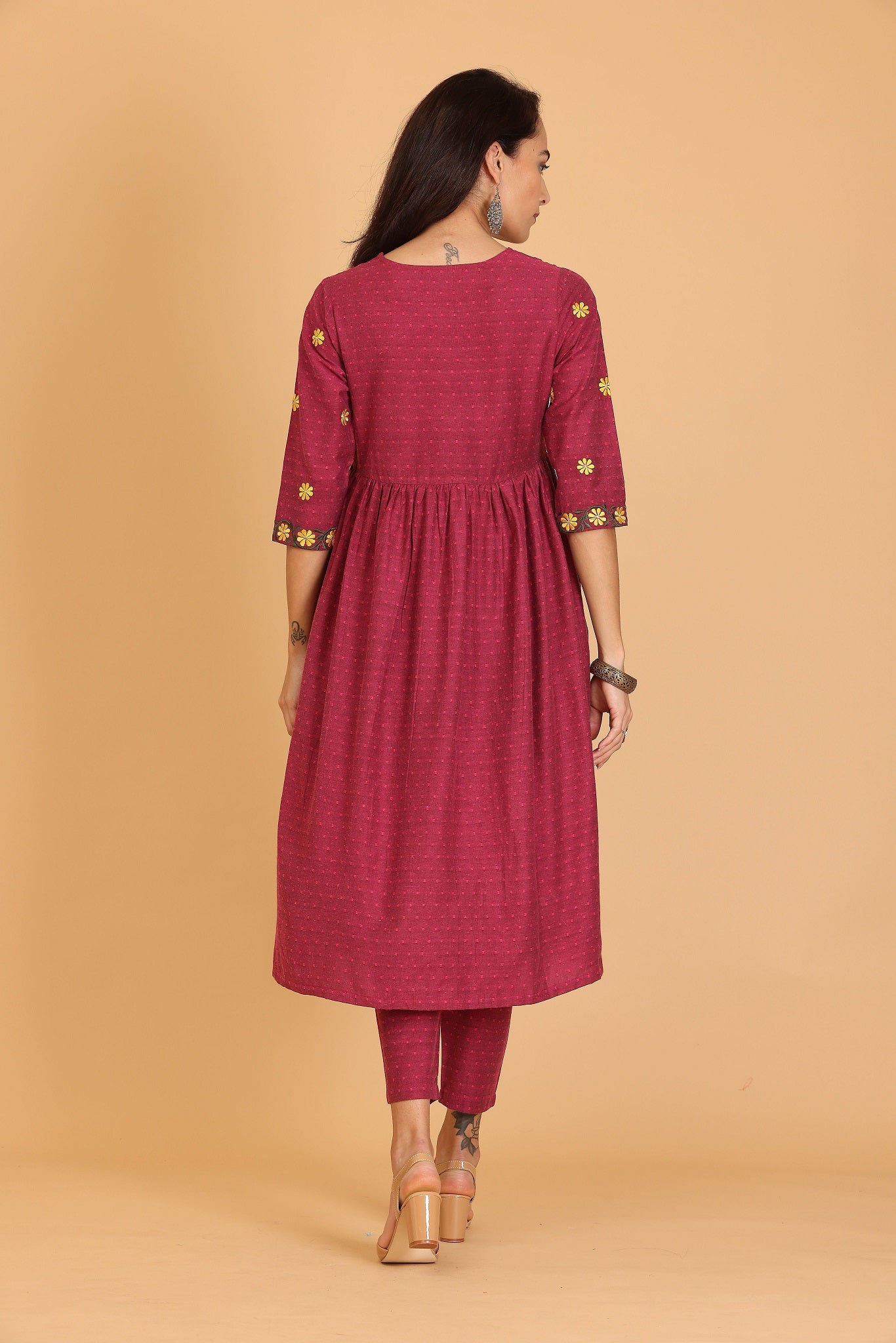 Kaanchie Nanggia Red Embroidered Flayred Kurta with Pant (Set of 2)