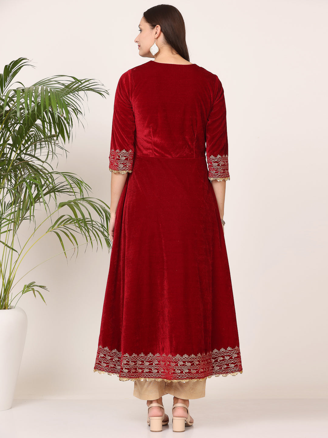 Kaanchie Nanggia Maroon Velvet Embroidered Anarkali with Pant (Set of 2)