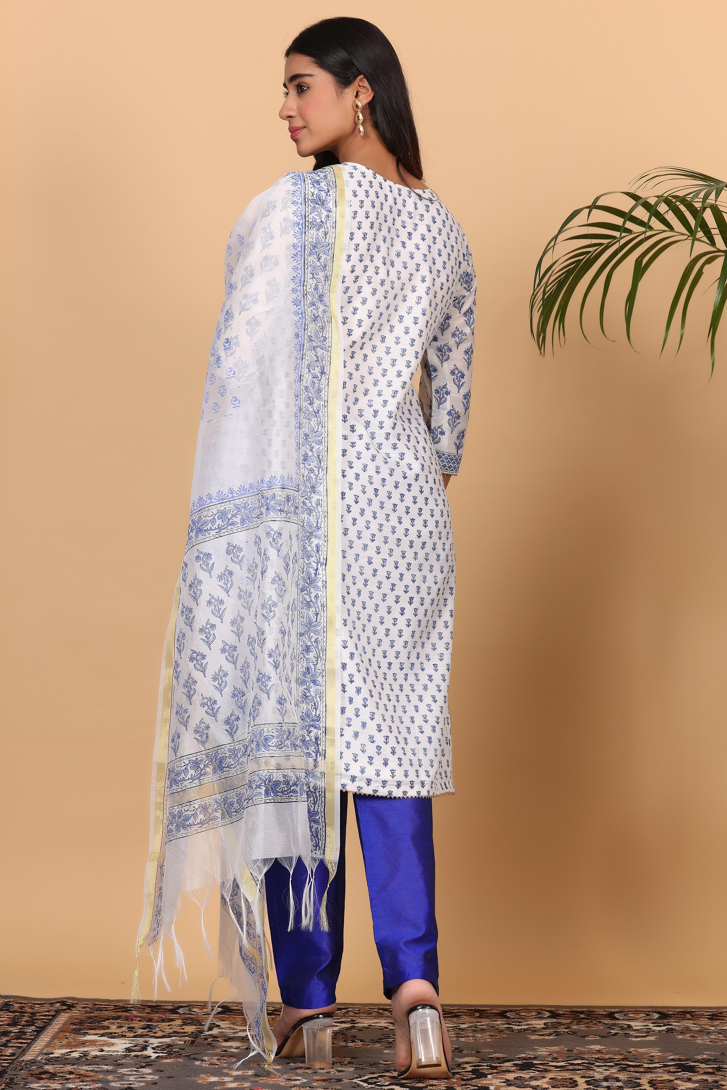 Kaanchie Nanggia Blue Cotton Printed Kurta Dupatta with Pants (Set of 3)