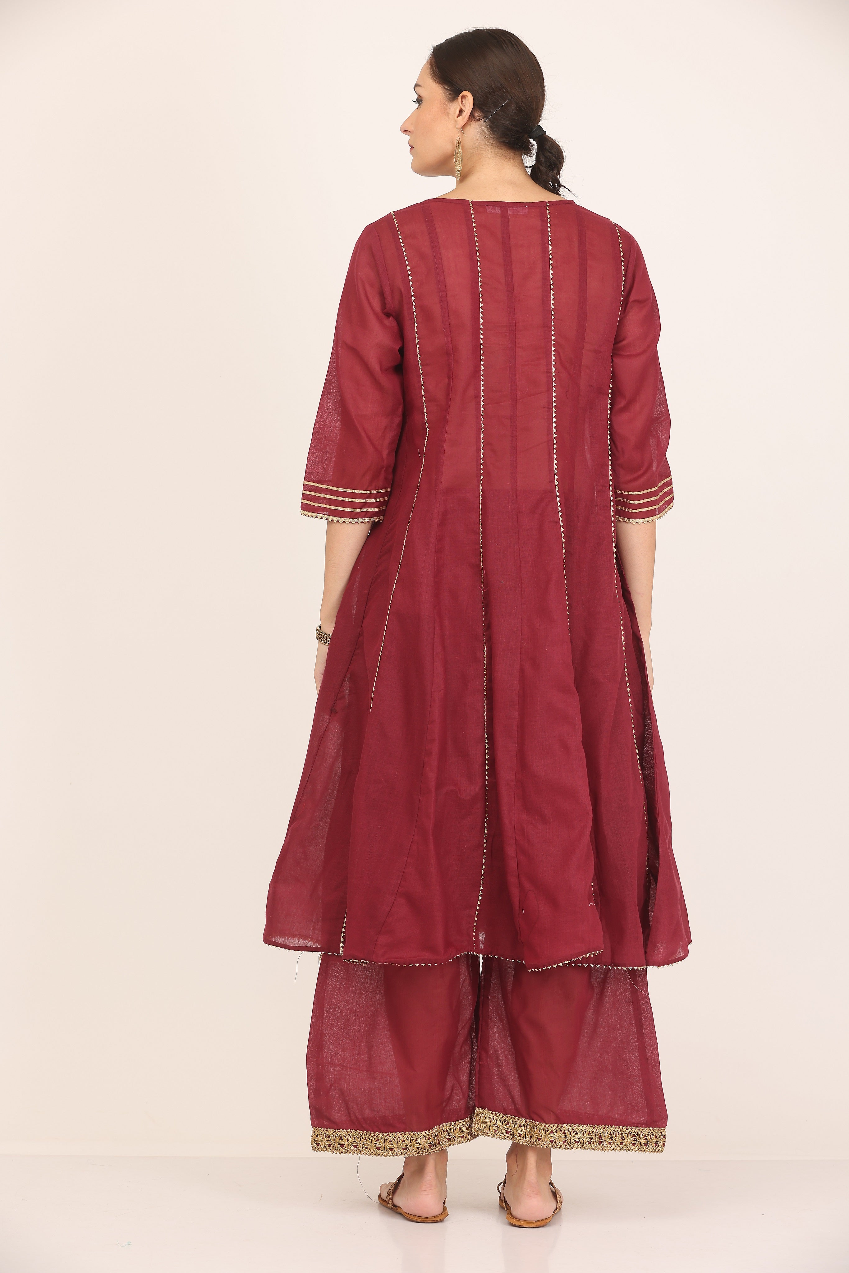 Kaanchie Nanggia Maroon Gota Work Kurta Palazzo with Dupatta (Set of 3)