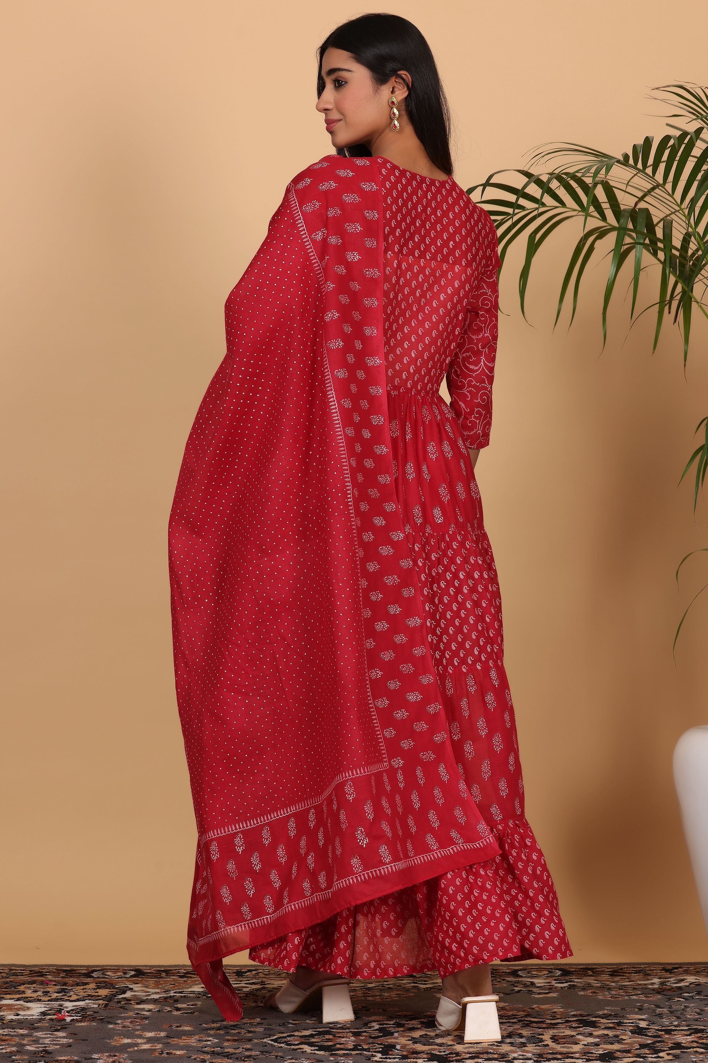 Kaanchie Nanggia Maroon Cotton Printed Anarkali Kurta Dupatta with Churidar (Set of 3)