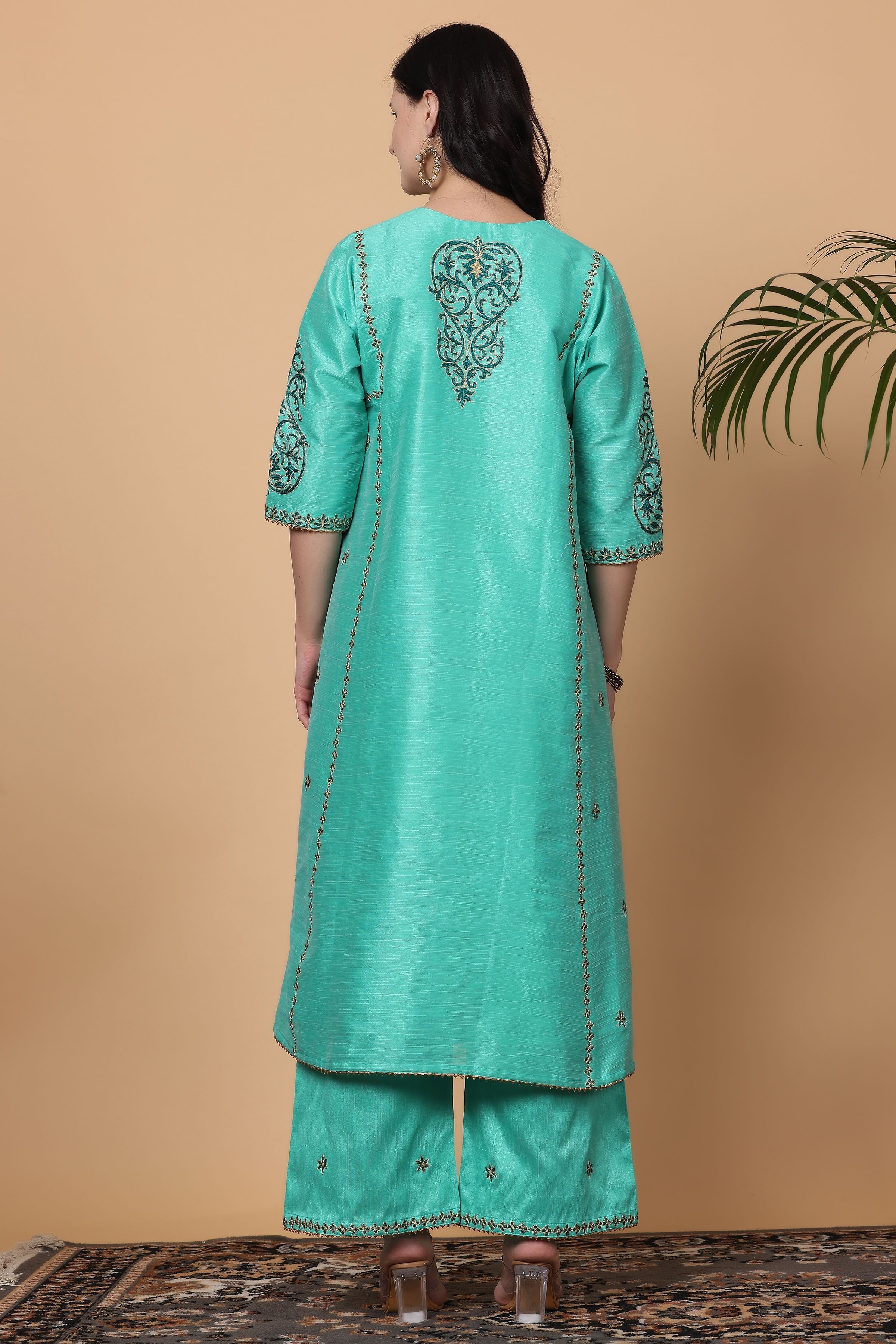 Kaanchie Nanggia Turquoise Embroidered Kurta Palazzo with Dupatta (Set of 3)