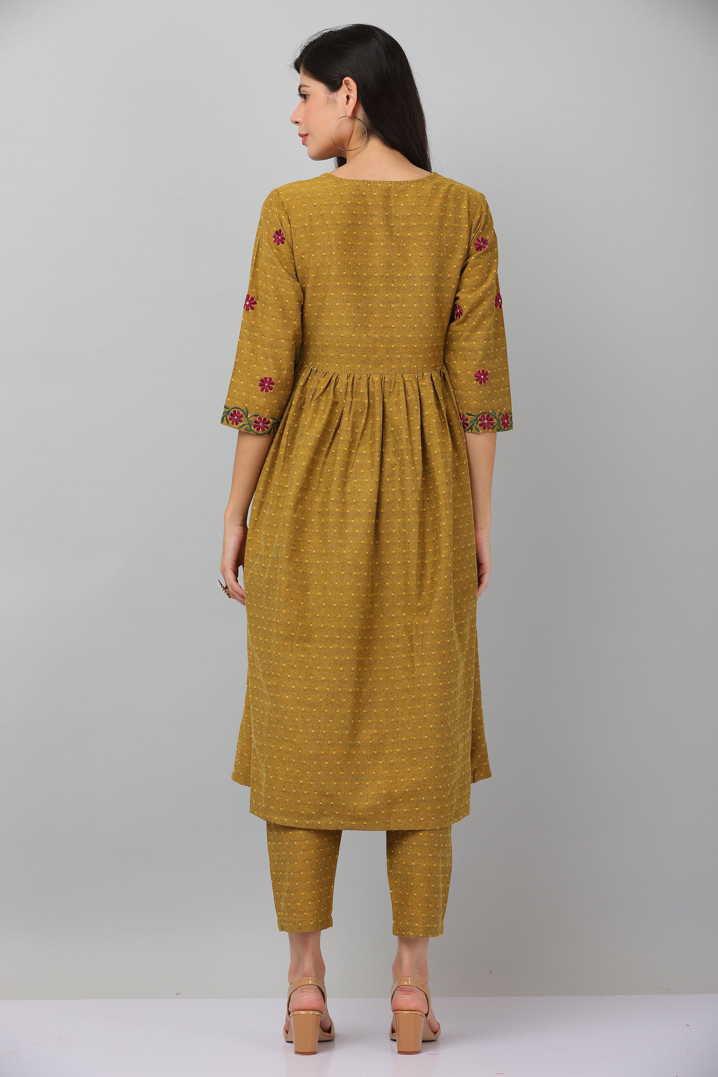 Kaanchie Nanggia Mustard Flared Kurta & Pants (Set of 2)