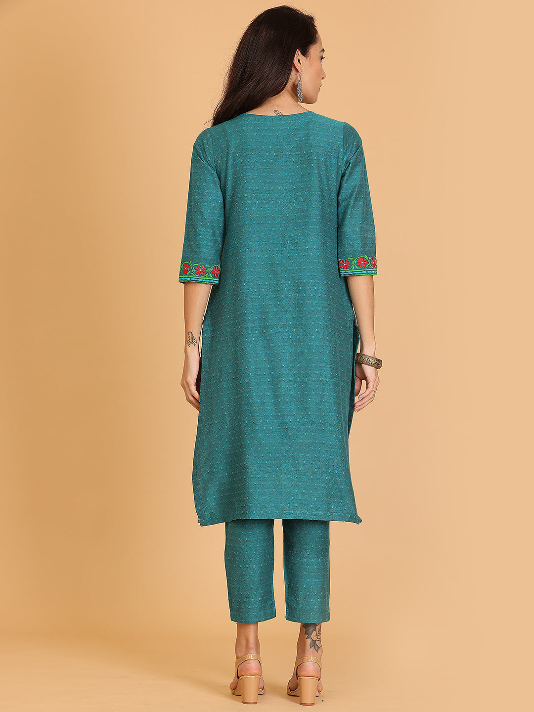 Kaanchie Nanggia Green Embroidered A-Line Kurta with Pant (Set of 2)