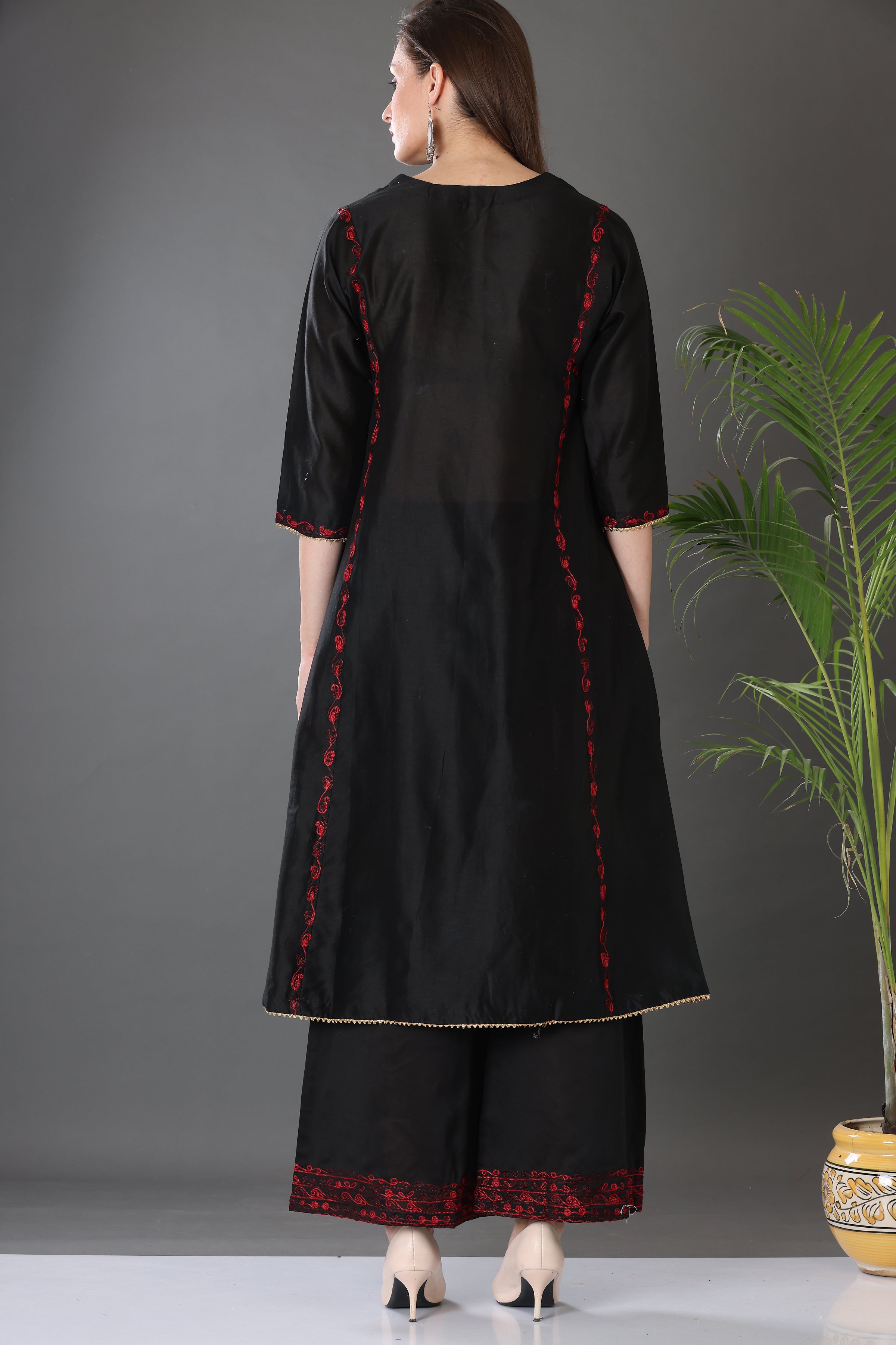 Kaanchie Nanggia Black Embroidered Cotton Silk Kurta Palazzo (Set of 2)