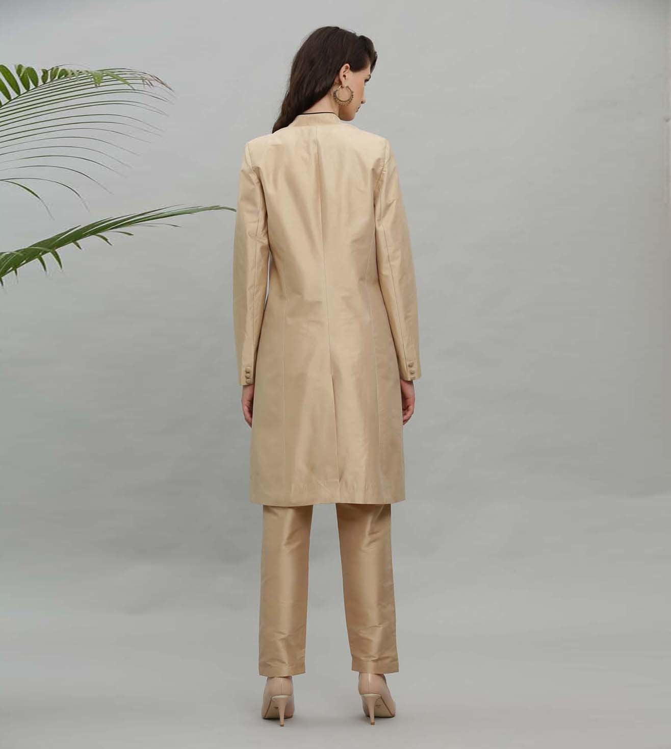 Kaanchie Nanggia Gold Solid Jacket Kurta And Pant - (Set of 2)