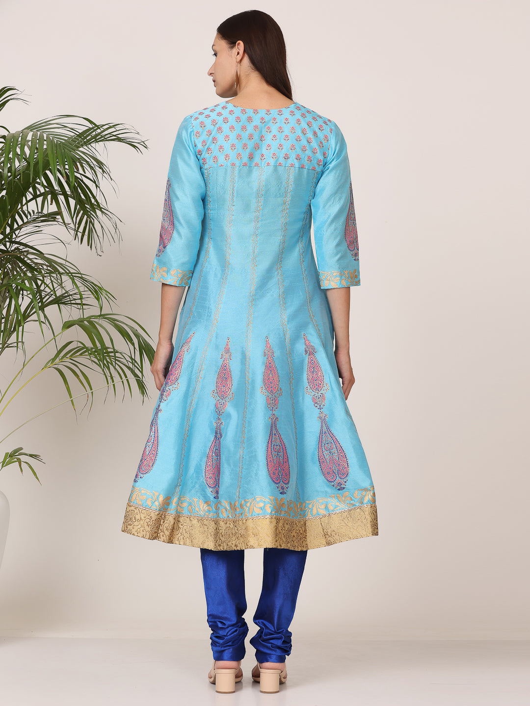 Kaanchie Nanggia Turquoise Silk Printed Anarkali Churidar with Dupatta (Set of 3)