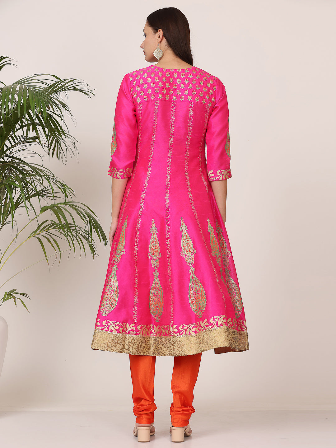 Kaanchie Nanggia Pink Silk Printed Anarkali Churidar with Dupatta (Set of 3)