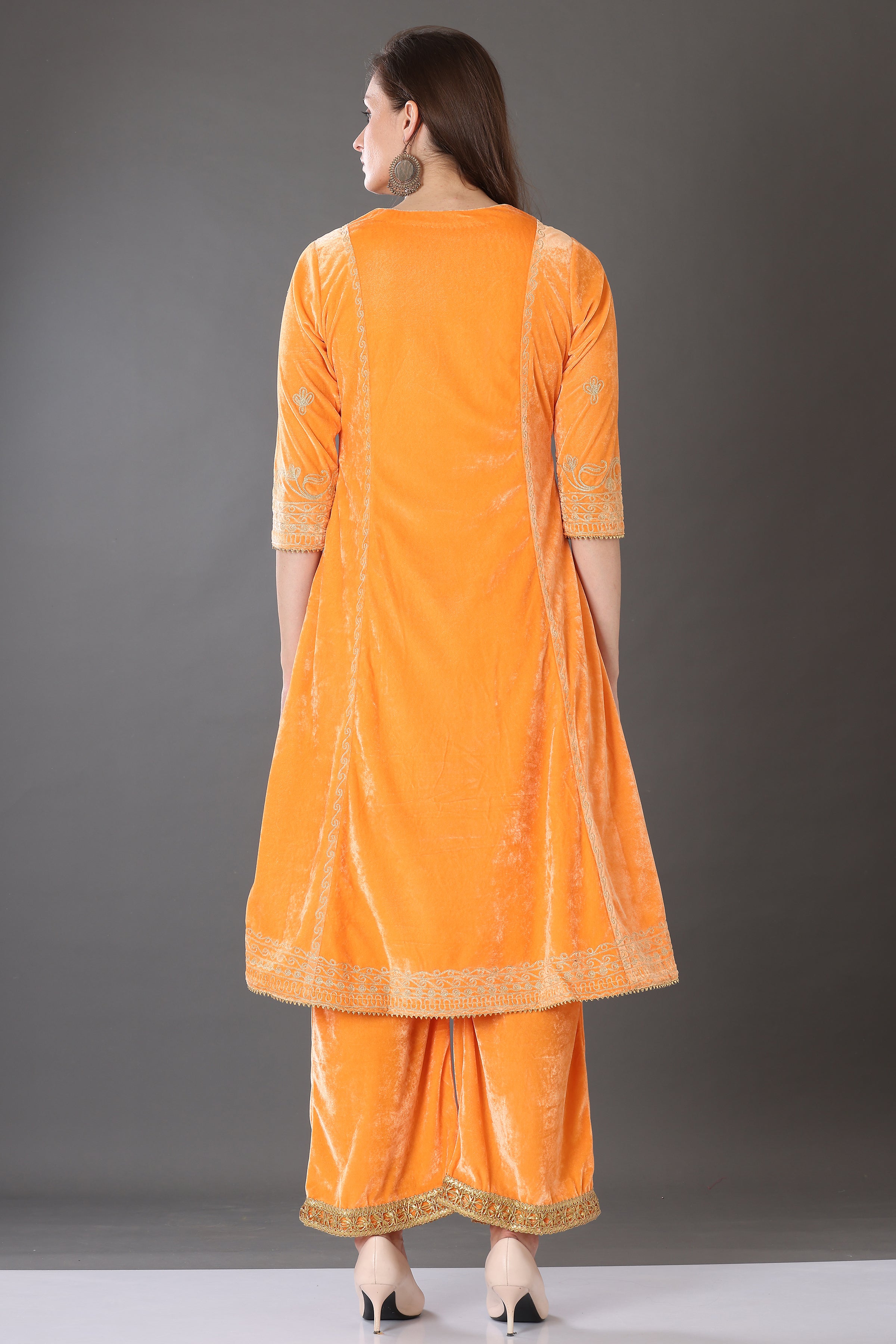 Kaanchie Nanggia Orange Velvet Embroidered Kurta Palazzo and Dupatta (Set of 3)