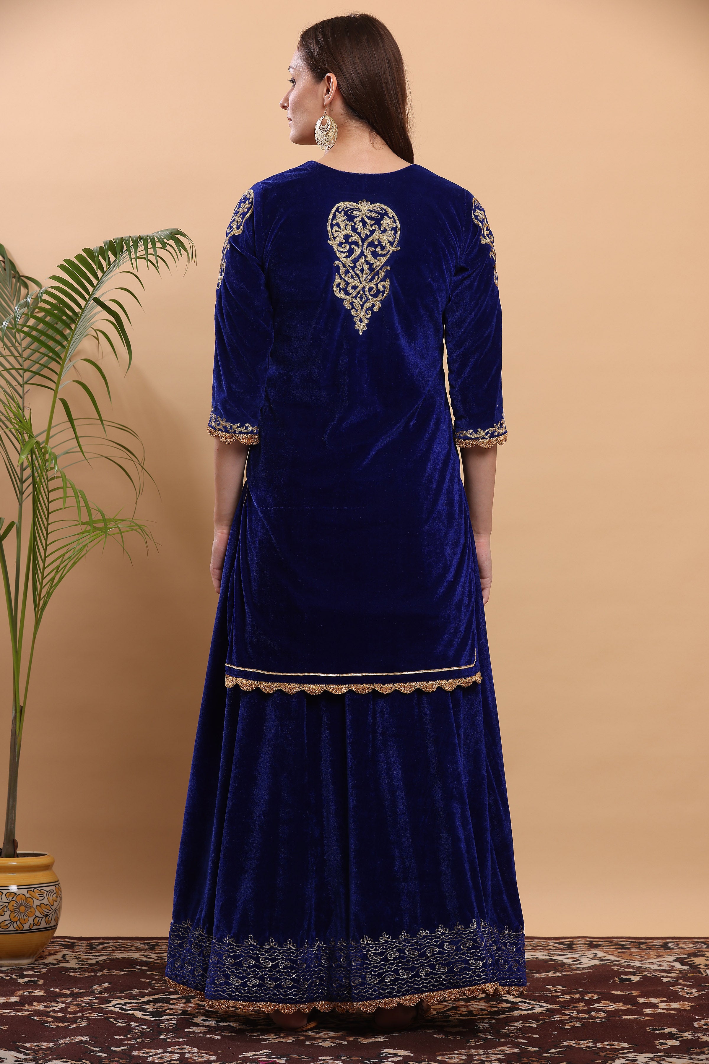 Kaanchie Nanggia Royal Blue Embroidered Kurta Lehenga (Set of 2)