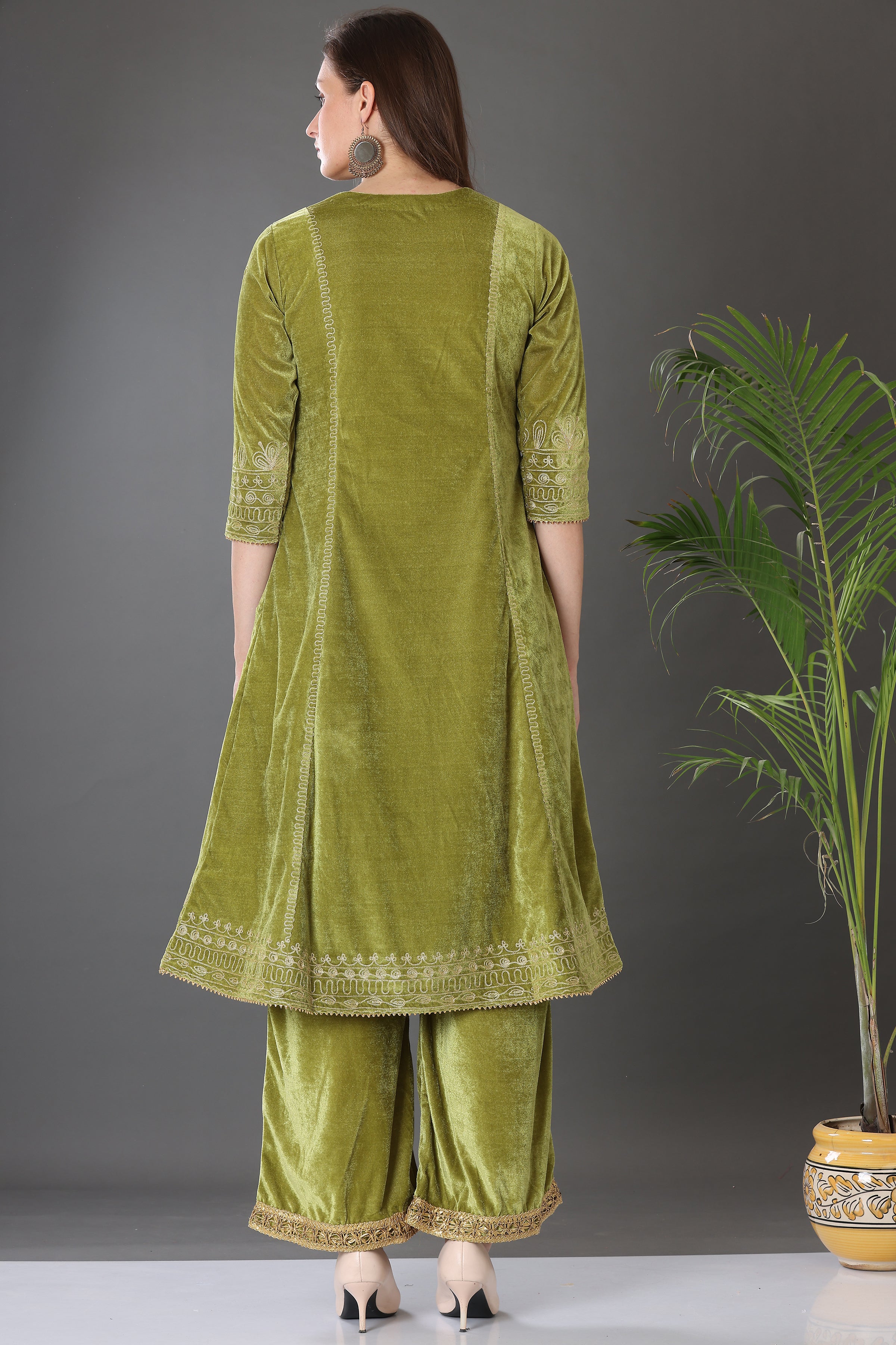 Kaanchie Nanggia Green Velvet Embroidered Party Wear Kurta with Palazzo (Set of 2)