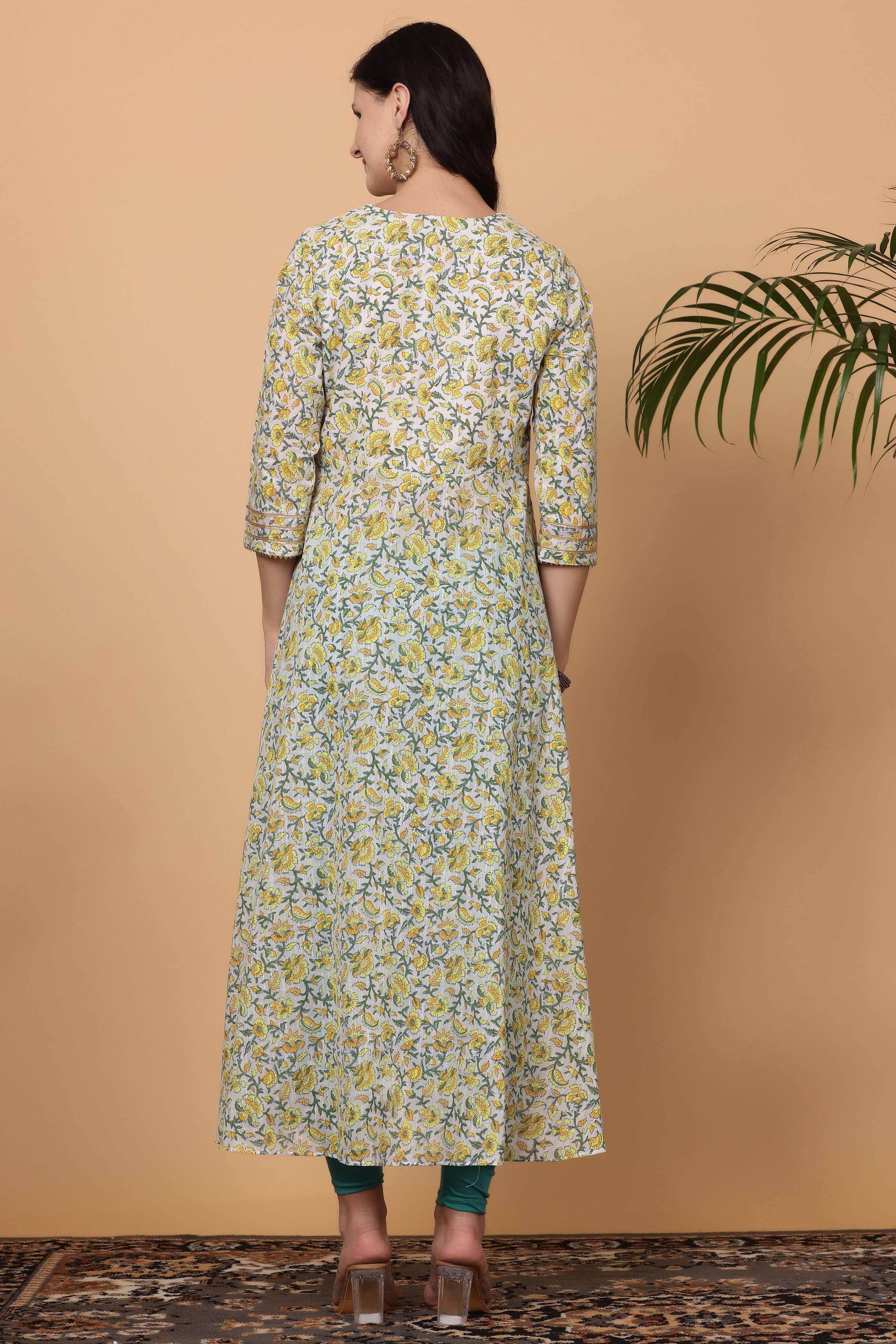 Kaanchie Nanggia Multi-Color Cotton Printed Anarkali Kurta Dupatta with Leggings (Set of 3)