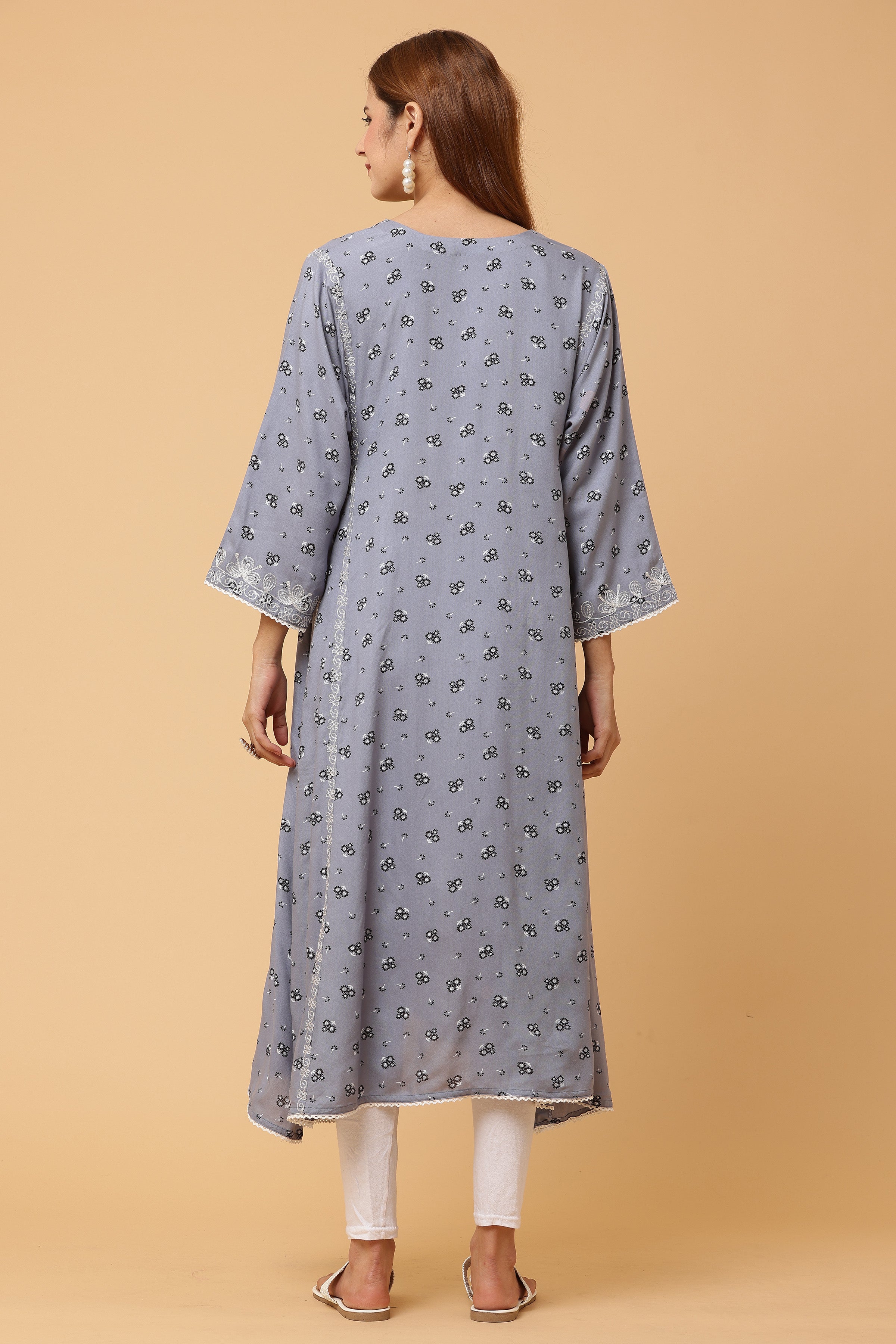 Kaanchie Nanggia Grey Embroidered Flared Kurta with Leggings (Set of 2)