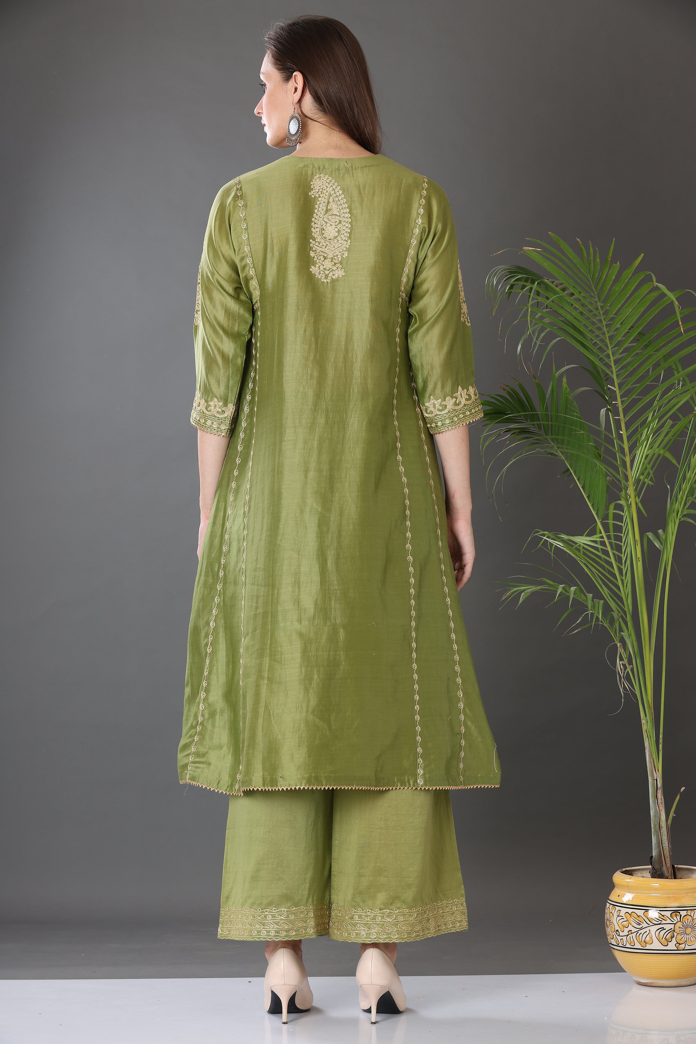 Kaanchie Nanggia Green Embroidered Cotton Silk Kurta Palazzo (Set of 2)