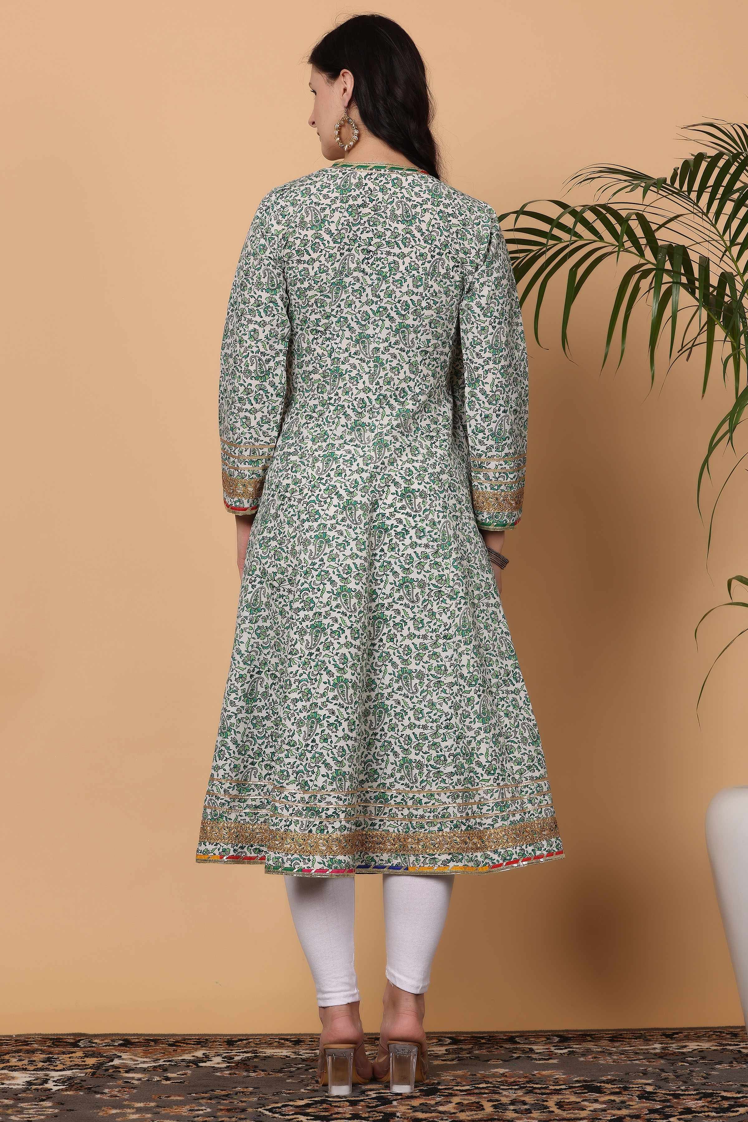 Kaanchie Nanggia Green Cotton Printed Anarkali Kurta with Dupatta and Leggings (Set of 3)