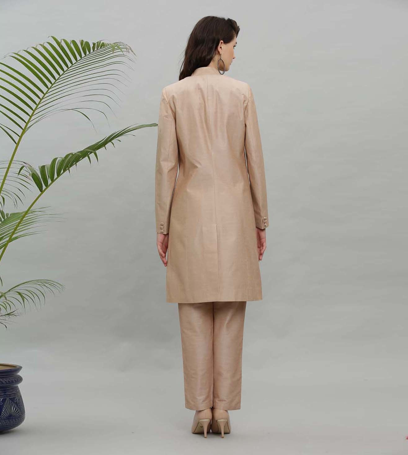 Kaanchie Nanggia Beige Solid Jacket Kurta And Pant - (Set of 2)