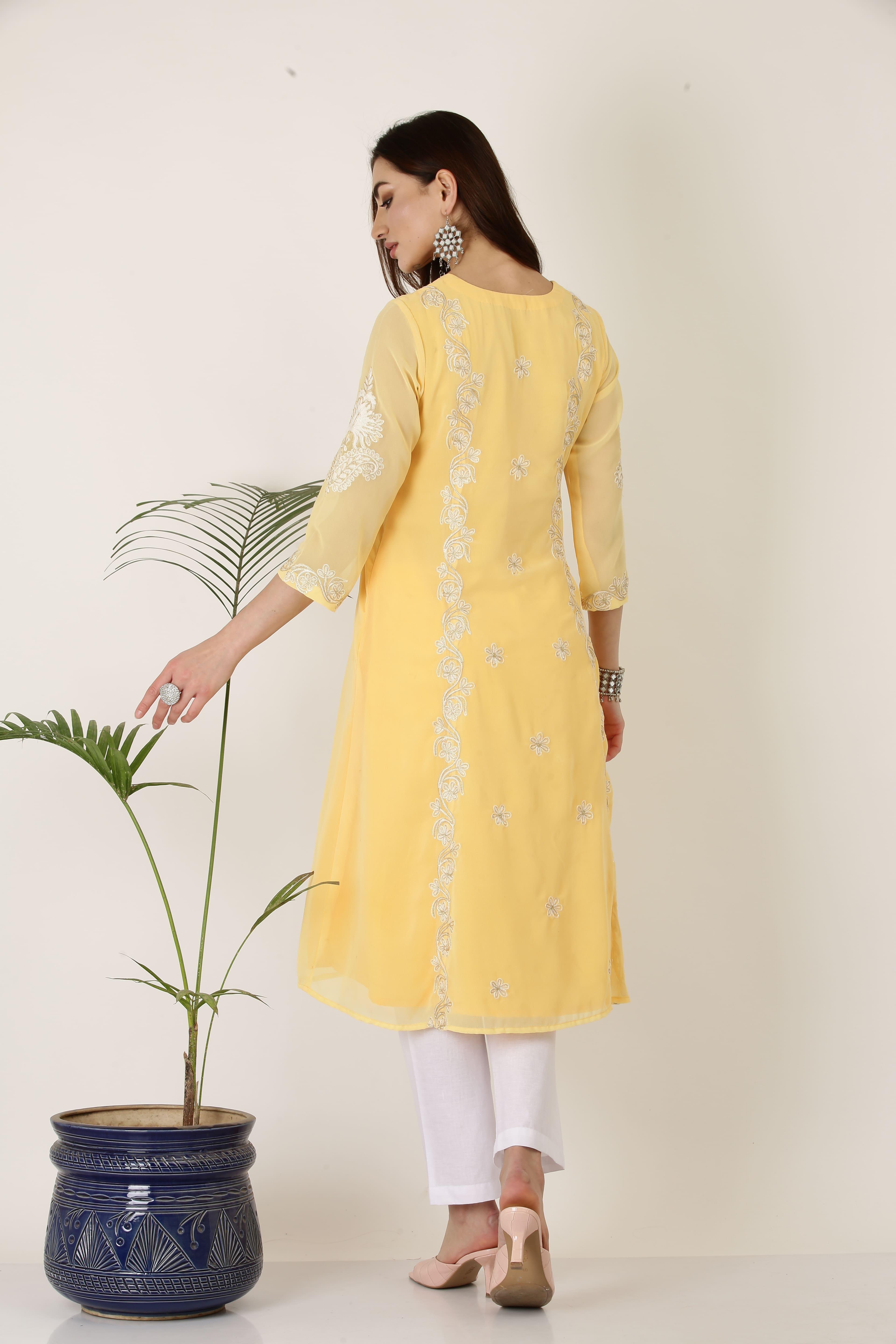 Kaanchie Nanggia Yellow Georgette Kurta Pant Dupatta (Set of 3)