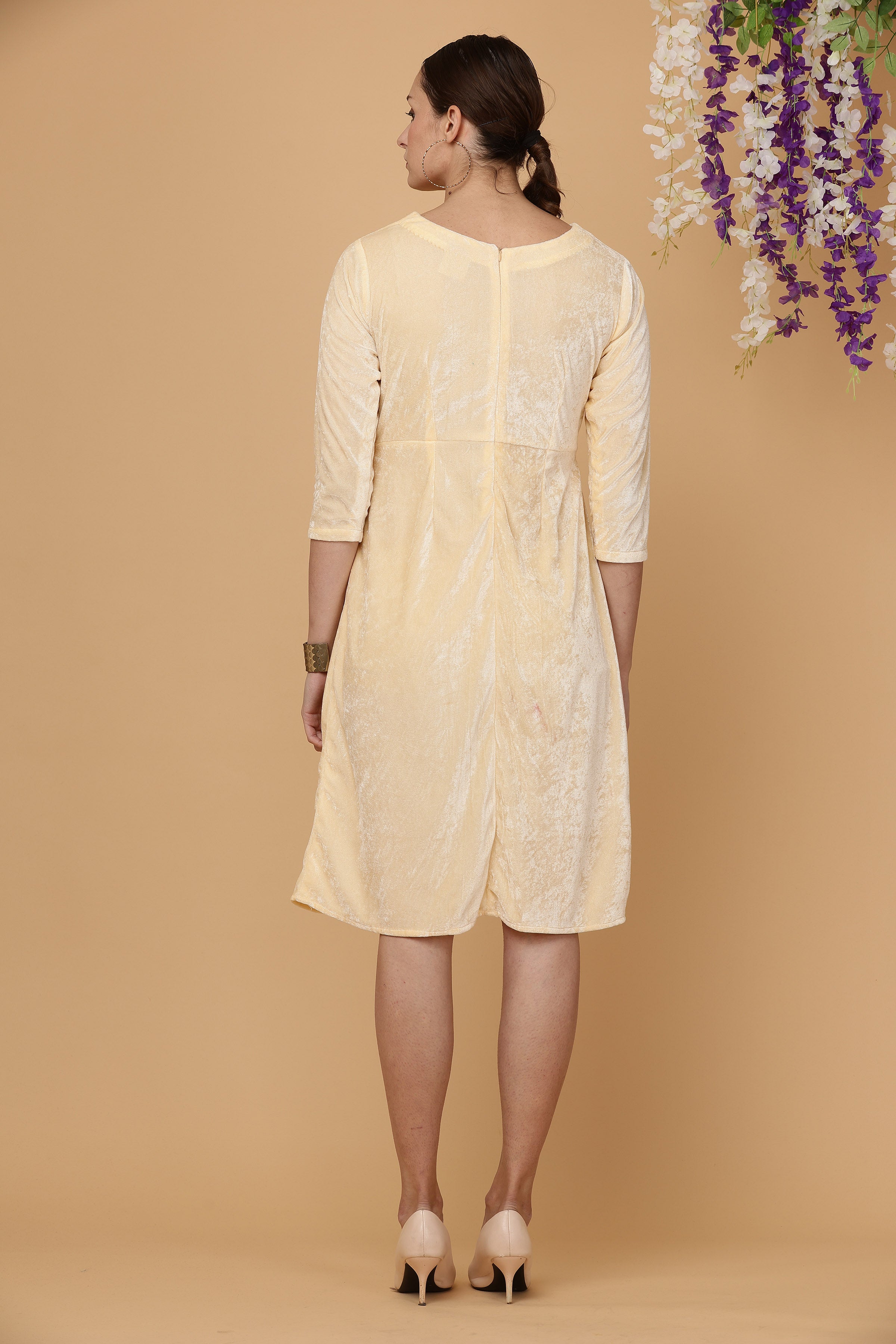 Kaanchie Nanggia Beige Boat Neck Ruched High Low Dress