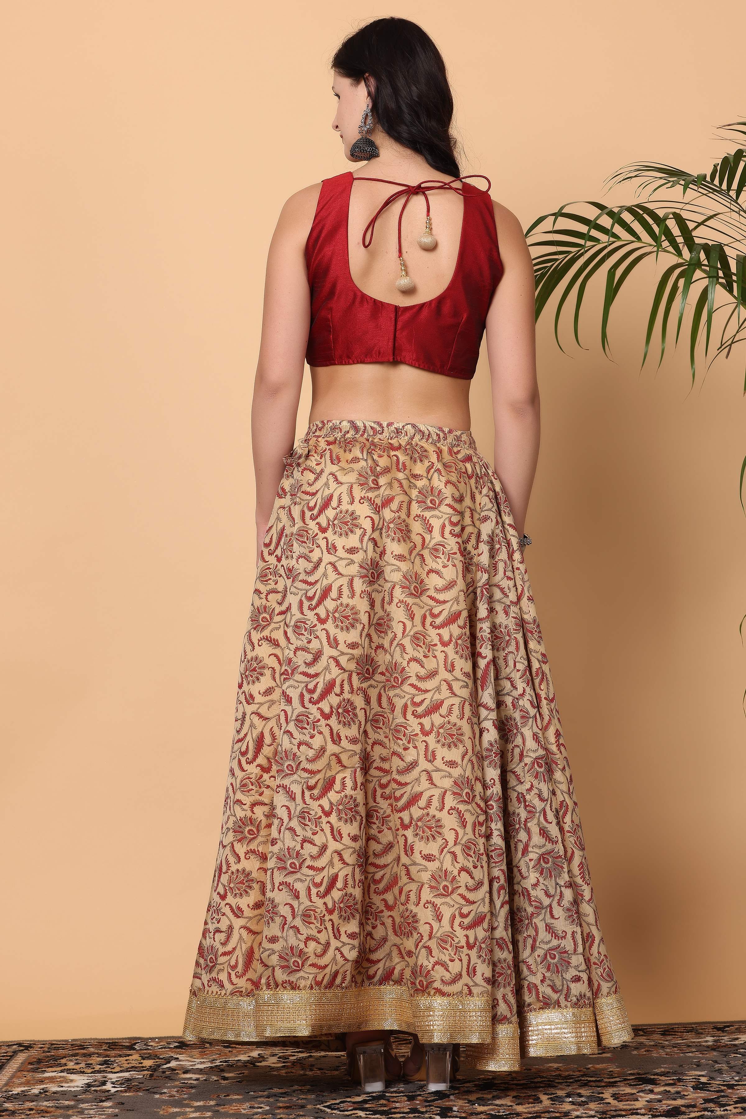Kaanchie Nanggia Maroon Beige Printed Lehenga with Blouse and Dupatta (Set of 3)