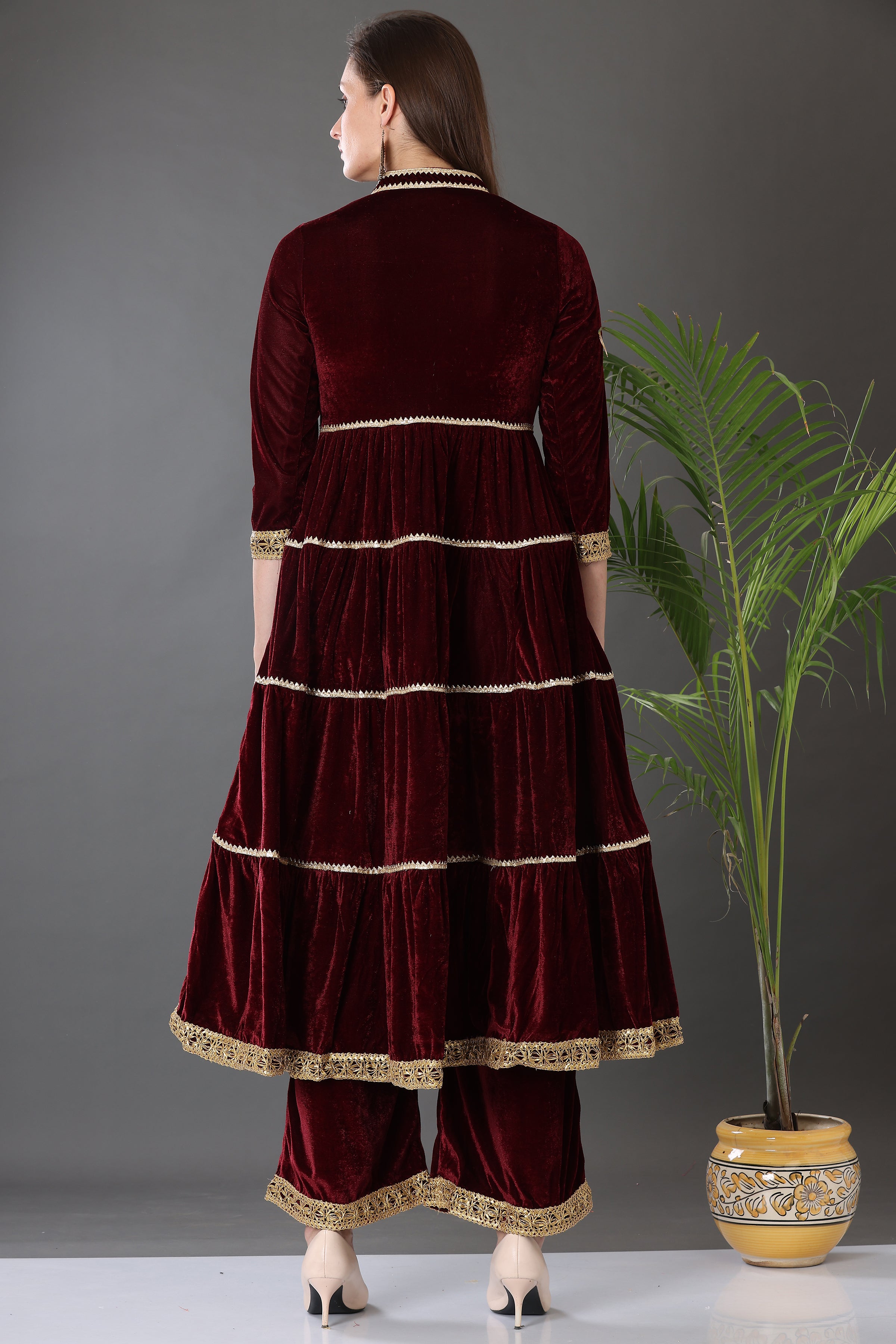 Kaanchie Nanggia Maroon Velvet with Gota Patti Work Flared Kurta Palazzo & Dupatta (Set of 3)