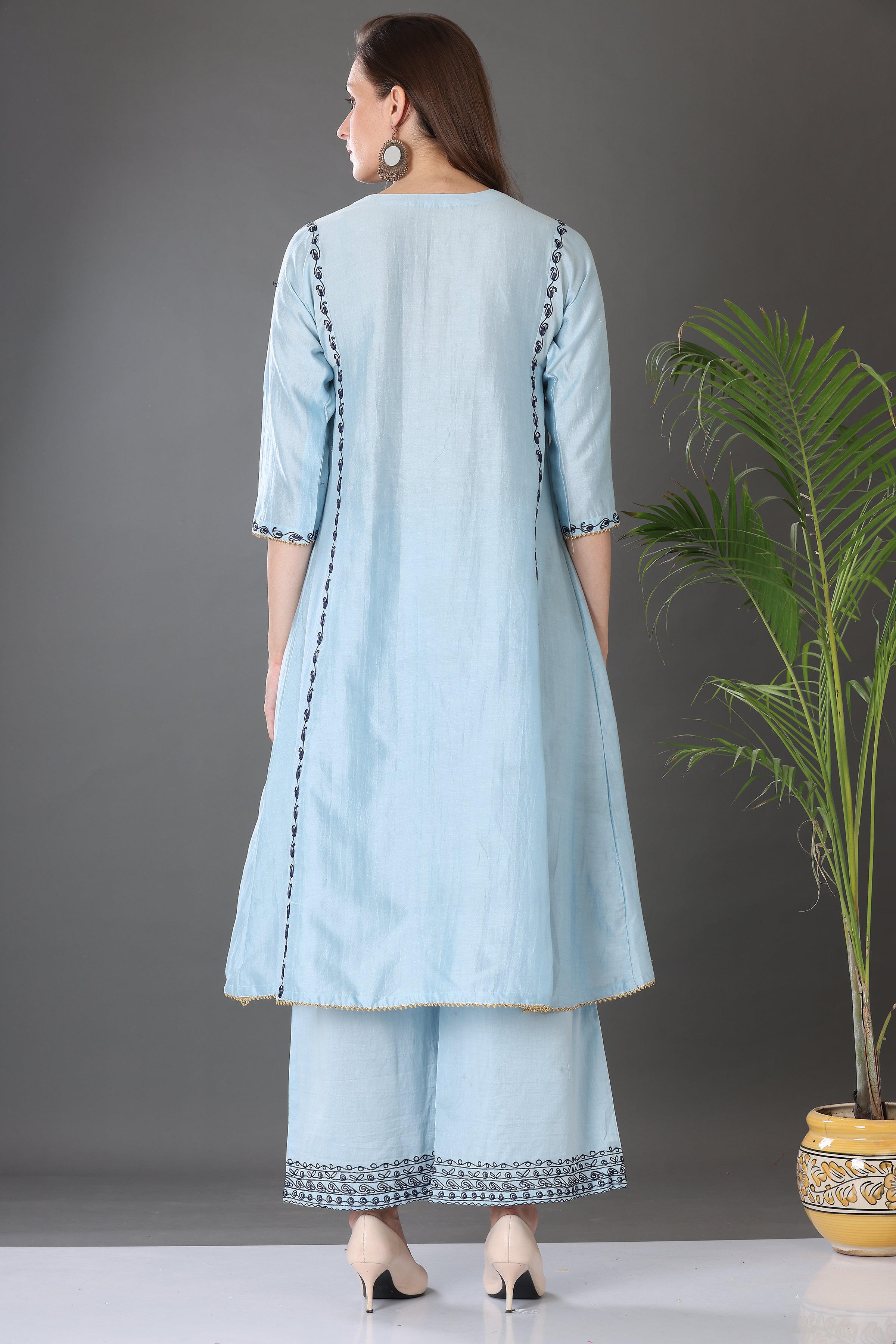 Kaanchie Nanggia Firoji Embroidered Cotton Silk Kurta Palazzo (Set of 2)