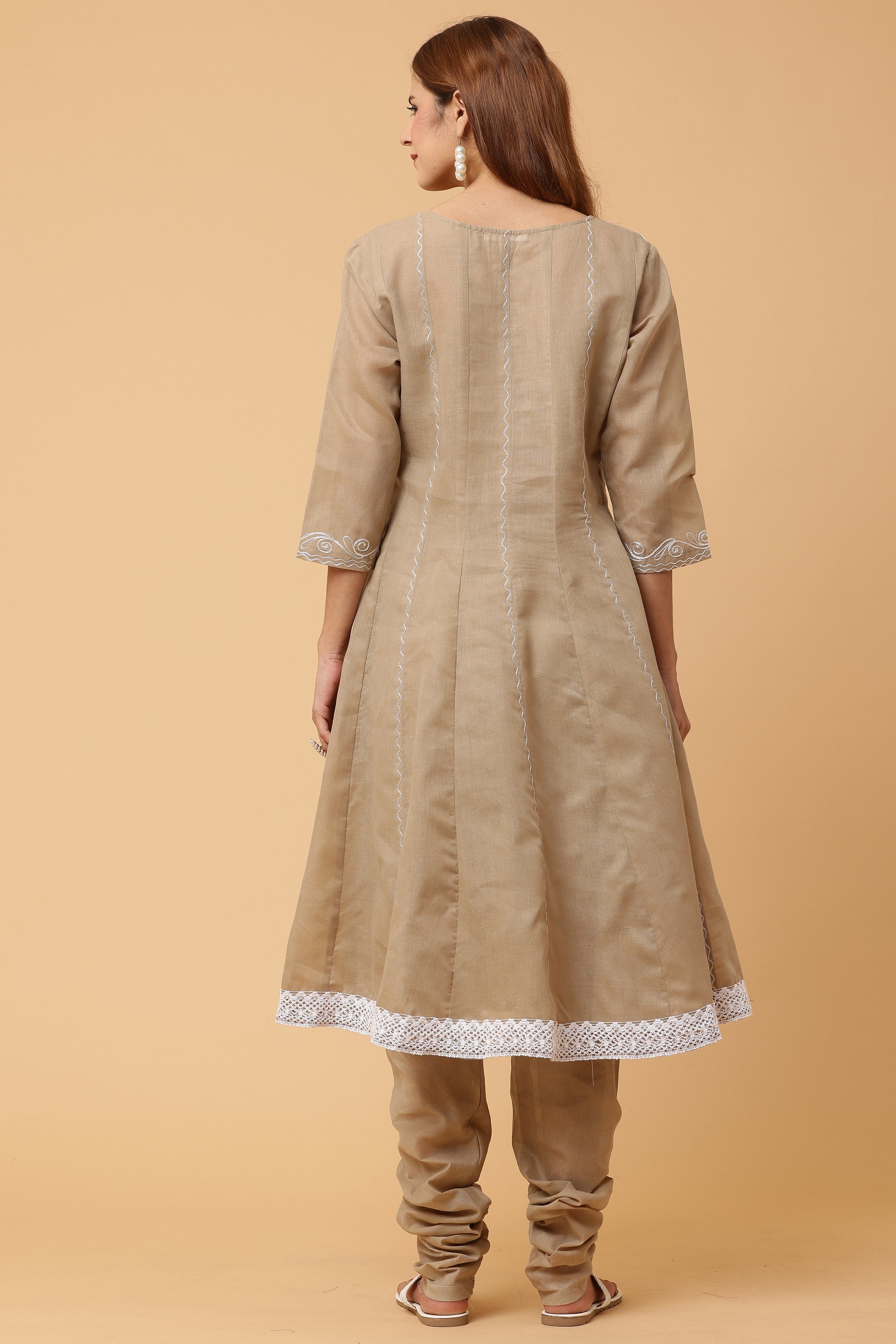 Kaanchie Nanggia Beige Kalidar Emb Kurta Chudidar with Dupatta (Set of 3)