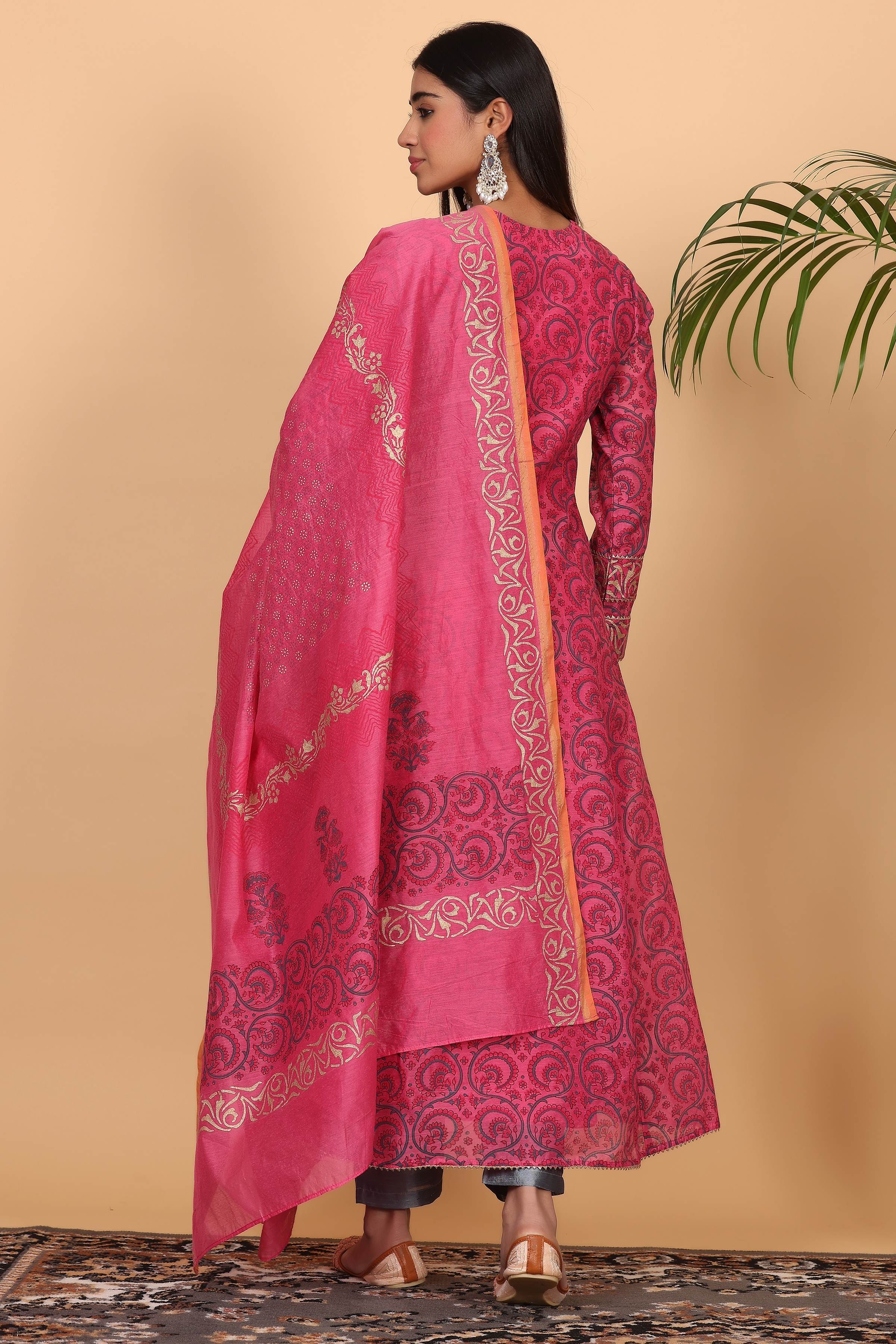 Kaanchie Nanggia Pink Chanderi Kalidar Printed Kurta Dupatta with Pants (Set of 3)