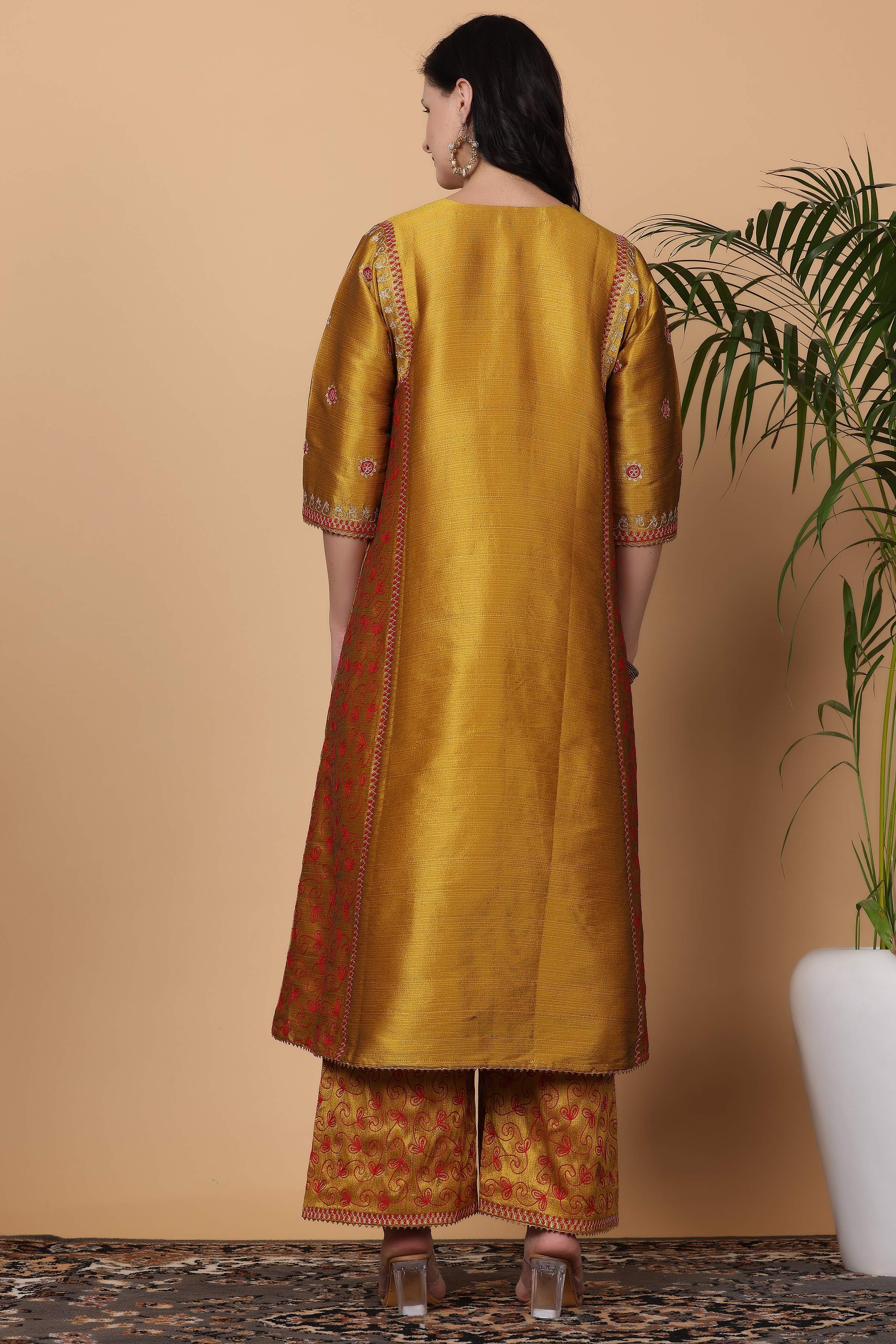 Kaanchie Nanggia Mustard Embroidered Kurta Palazzo with Dupatta (Set of 3)