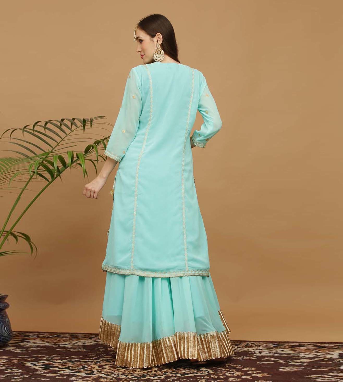 Kaanchie Nanggia Turquoise Embroidery Georgette Kurta with Skirt (Set of 2)