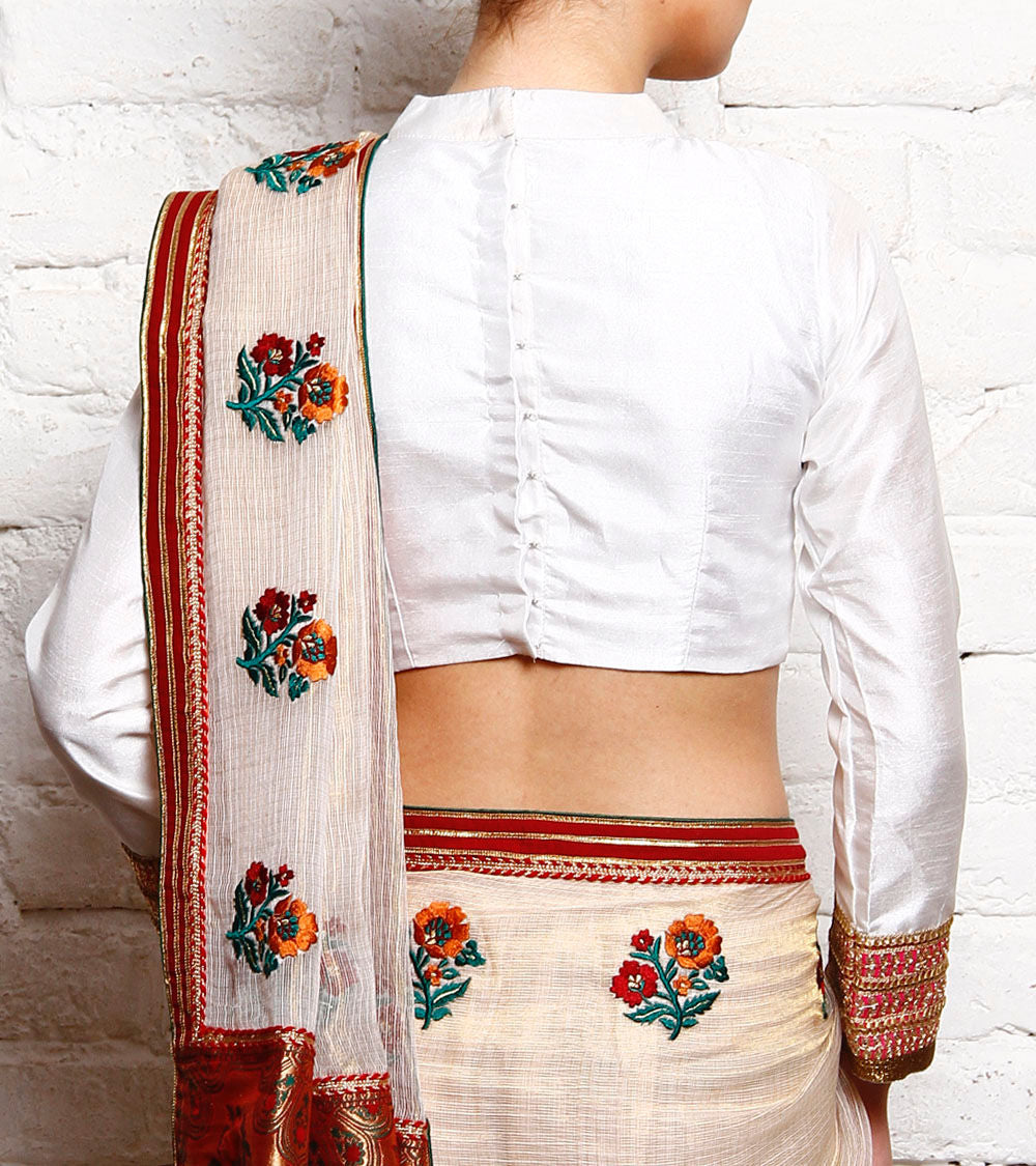 Kaanchie Nanggia White Blue Silk Embroidered Blouse