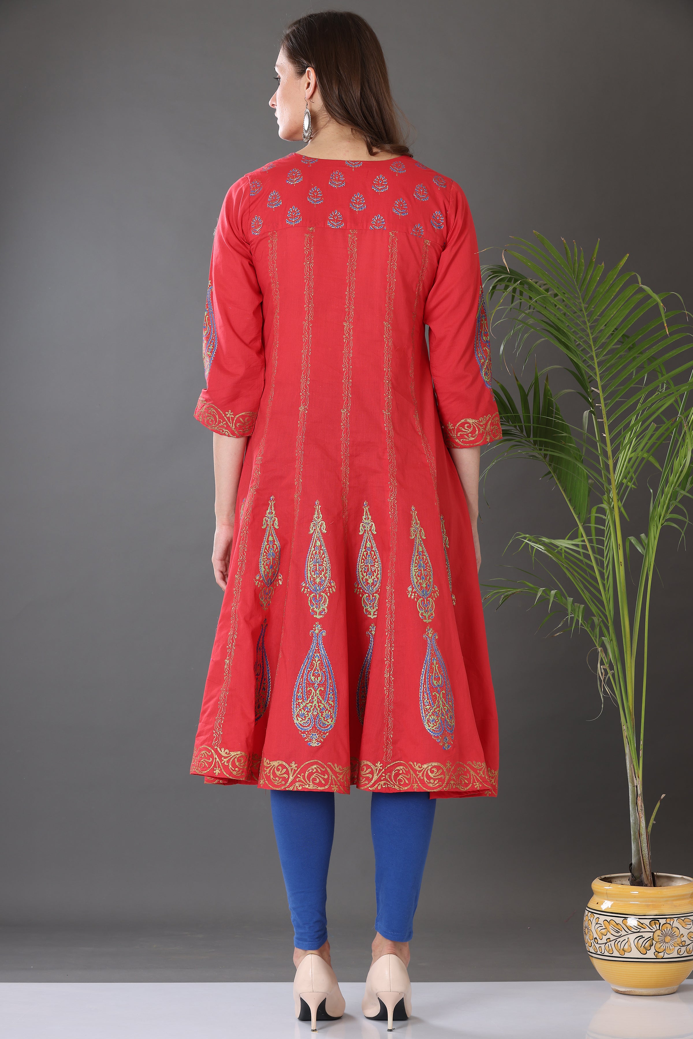 Kaanchie Nanggia Red Block Printed Anarkali with Leggings and Dupatta (Set of 3)