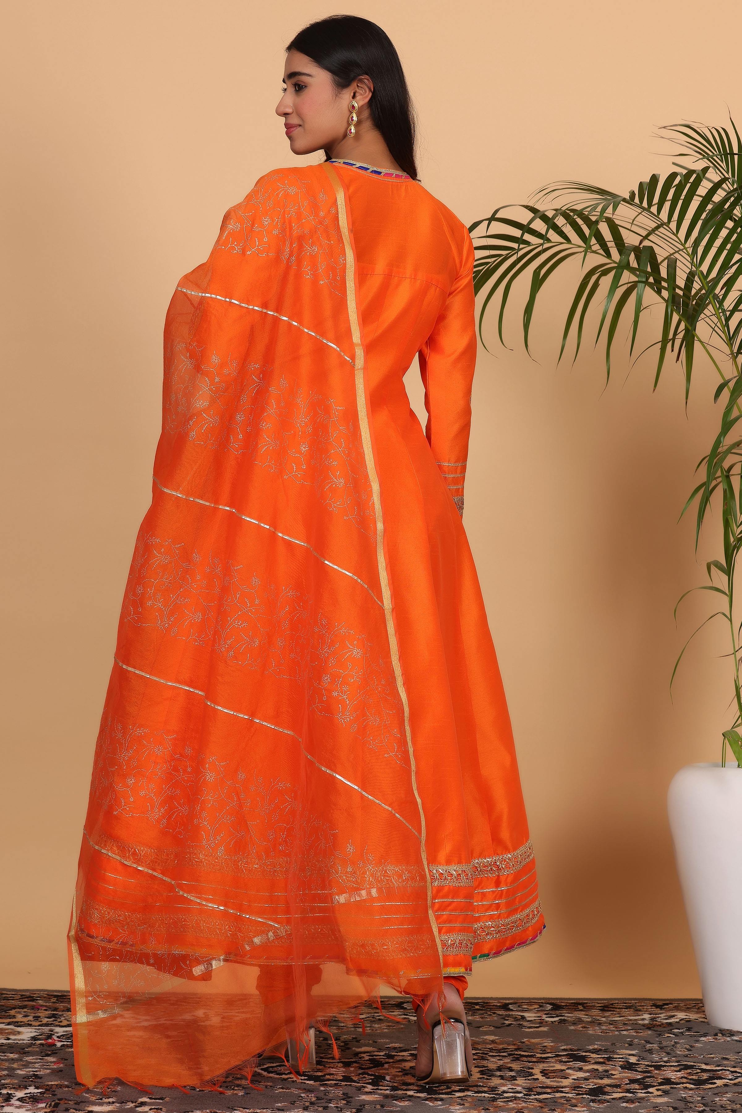 Kaanchie Nanggia Orange Silk Gota Work Anarkali Printed Dupatta with Churidar (Set of 3)