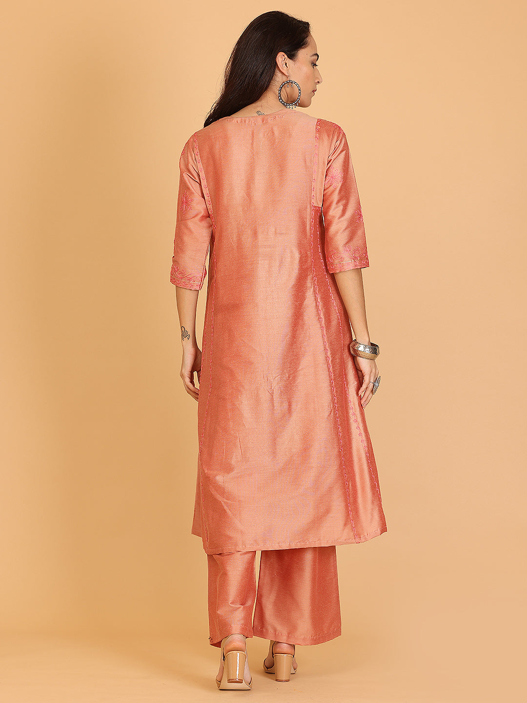Kaanchie Nanggia Dusty Peach Embroidered Cotton Silk Flayred Kurta and Palazzo (Set of 2)