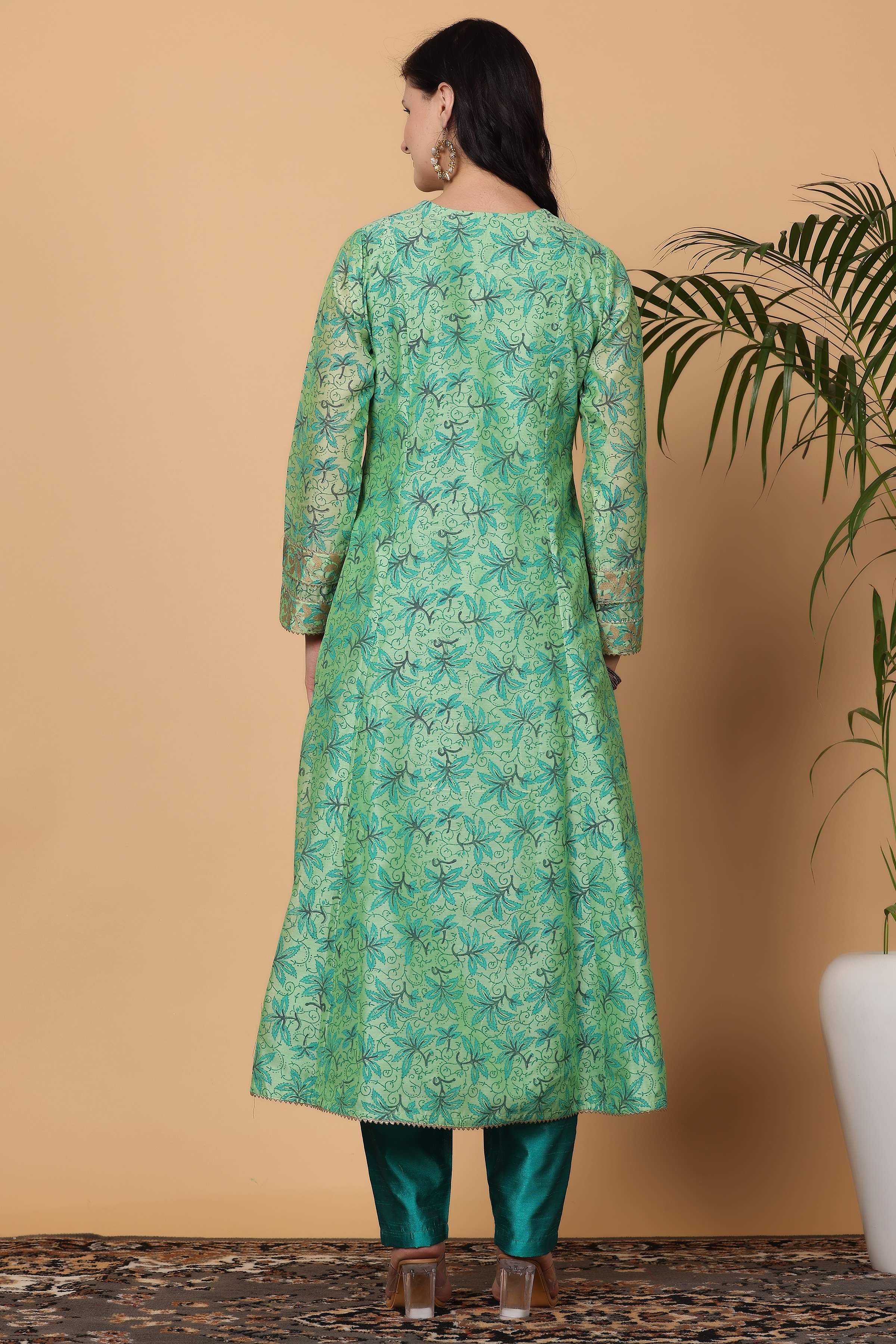 Kaanchie Nanggia Green Chanderi Kalidar Printed Kurta Dupatta with Pants (Set of 3)