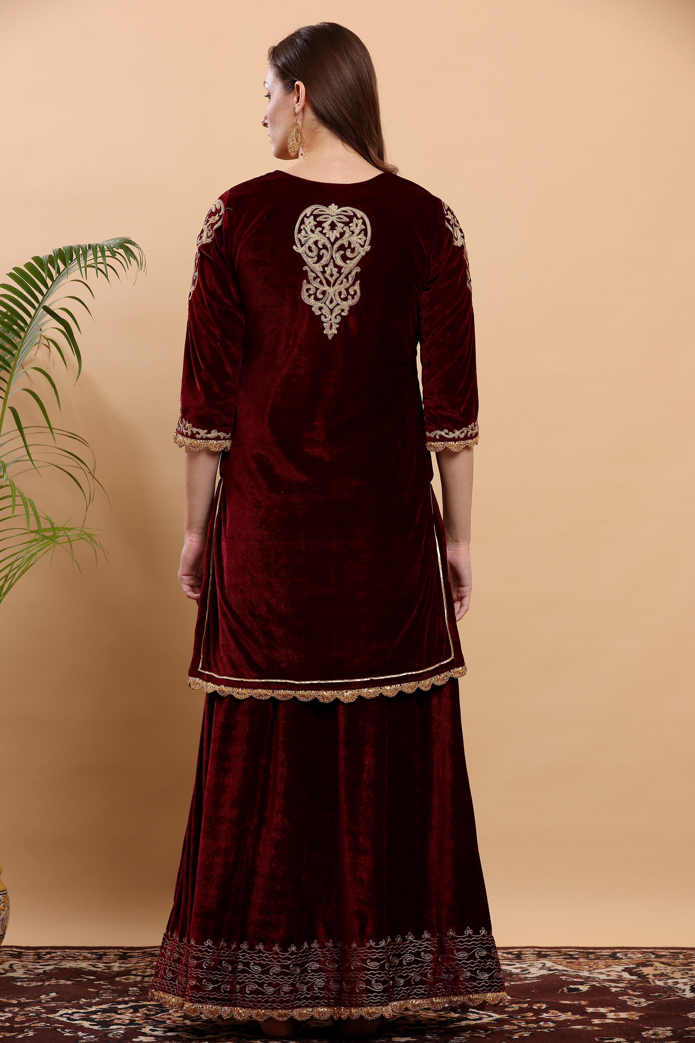 Kaanchie Nanggia Maroon Embroidered Kurta Lehenga (Set of 2)