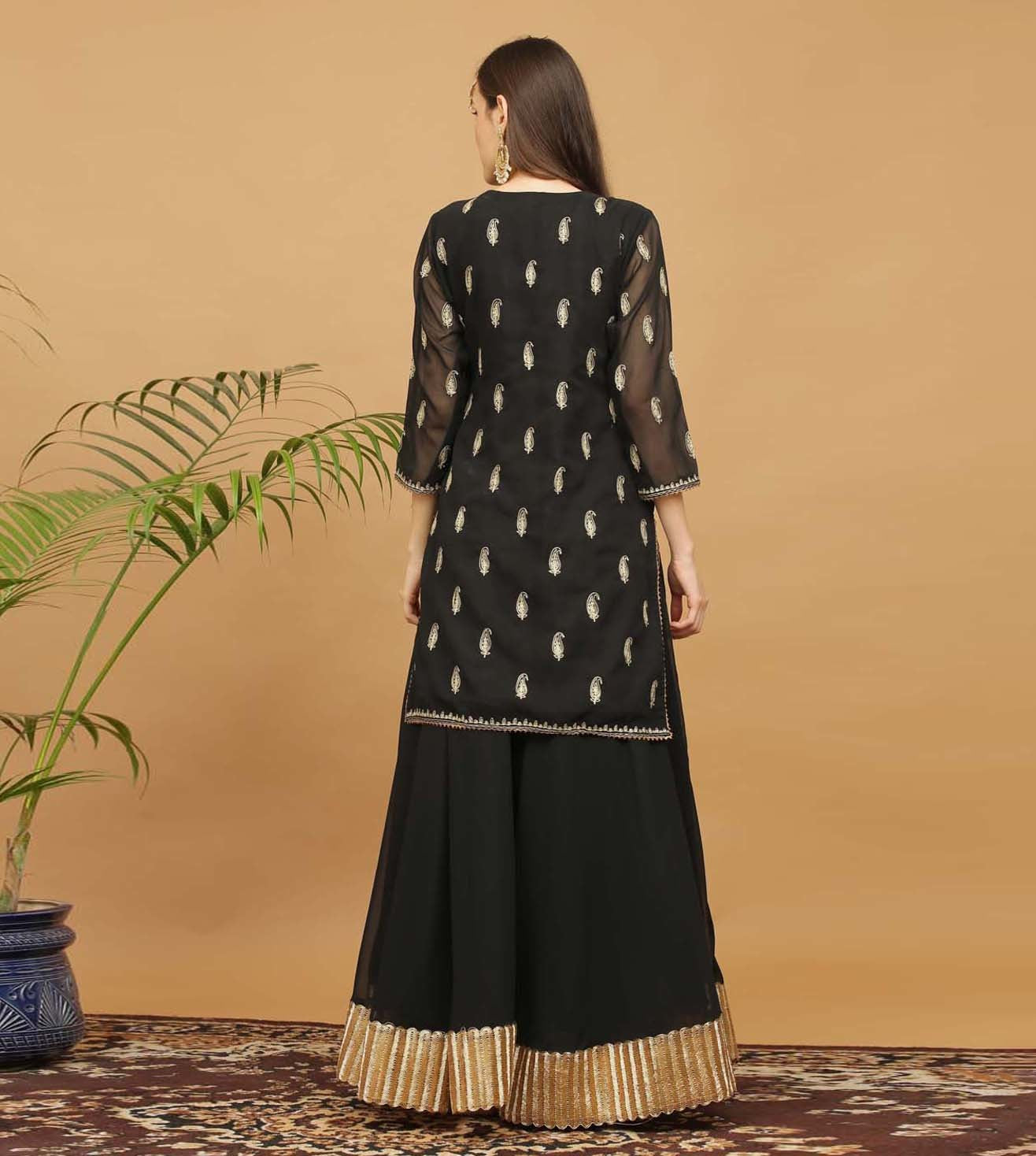 Kaanchie Nanggia Black Embroidery Georgette Kurta with Skirt & Dupatta (Set of 3)