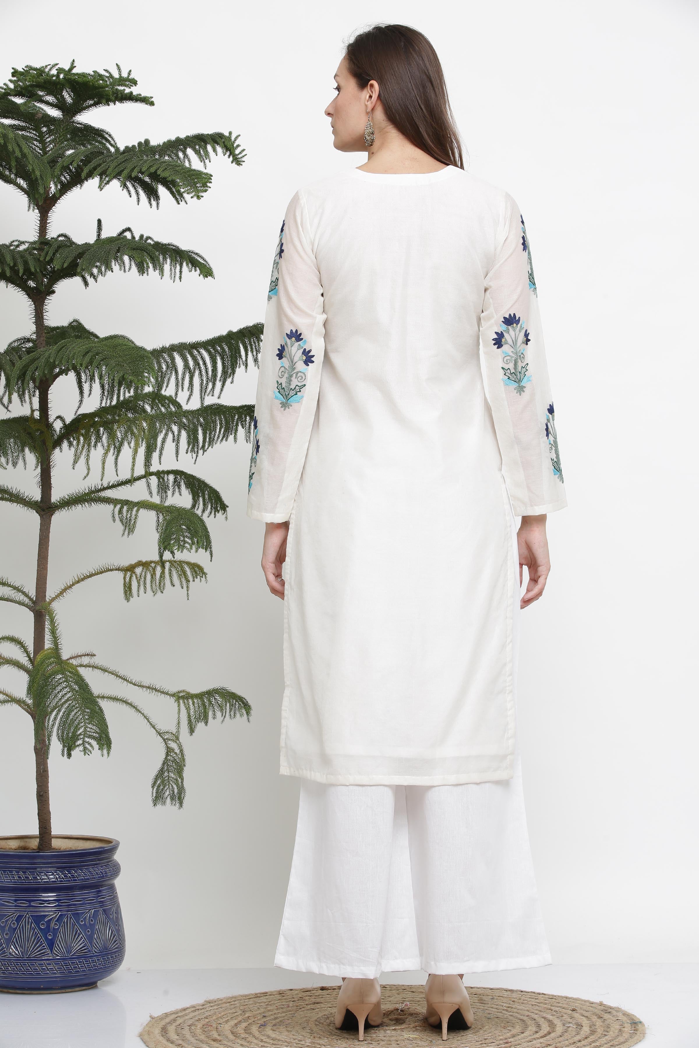 Kaanchie Nanggia White Embroidred A Line Kurta And Pant (Set of 2)