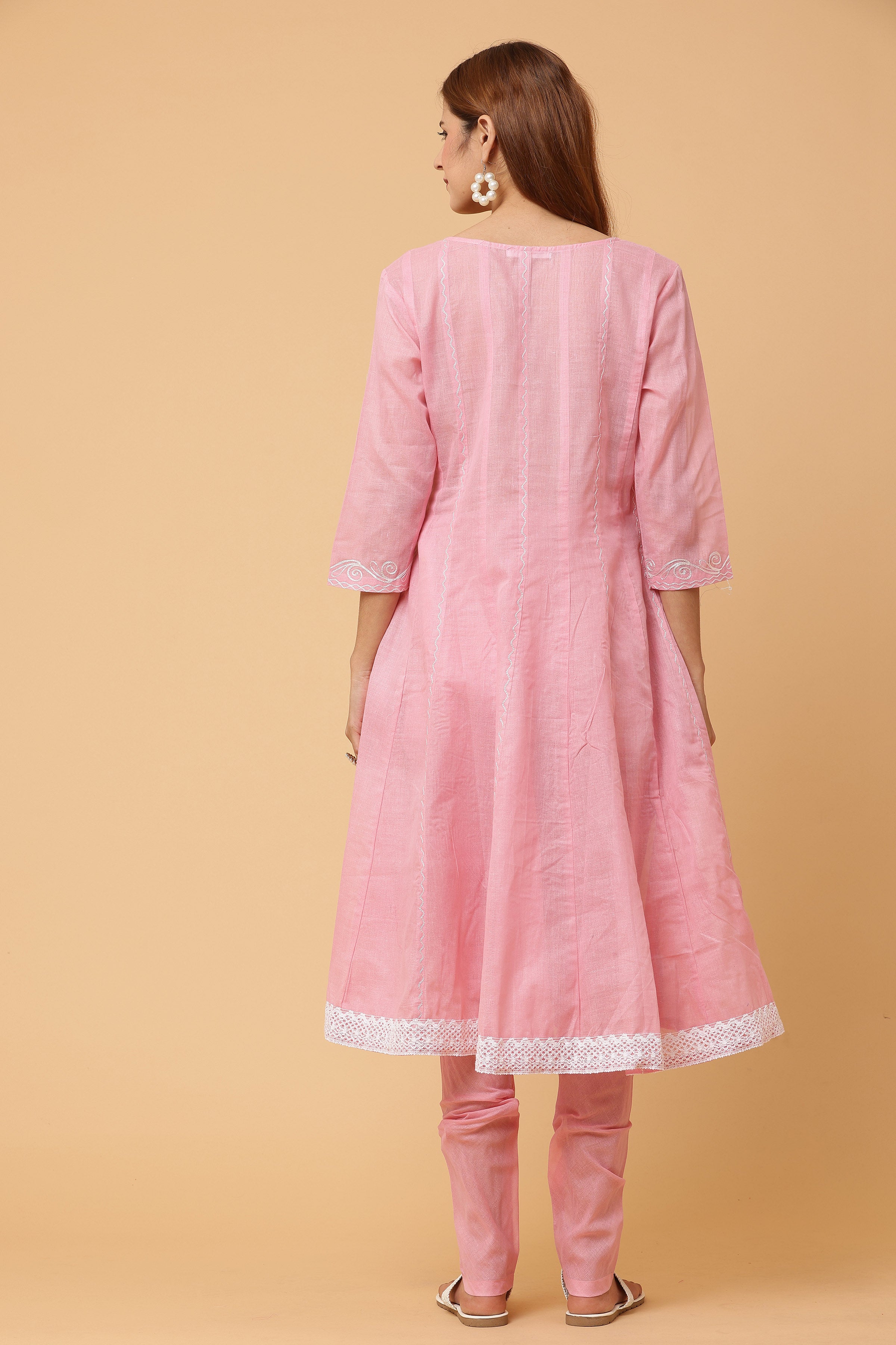 Kaanchie Nanggia Pink Kalidar Emb Kurta Chudidar with Dupatta (Set of 3)