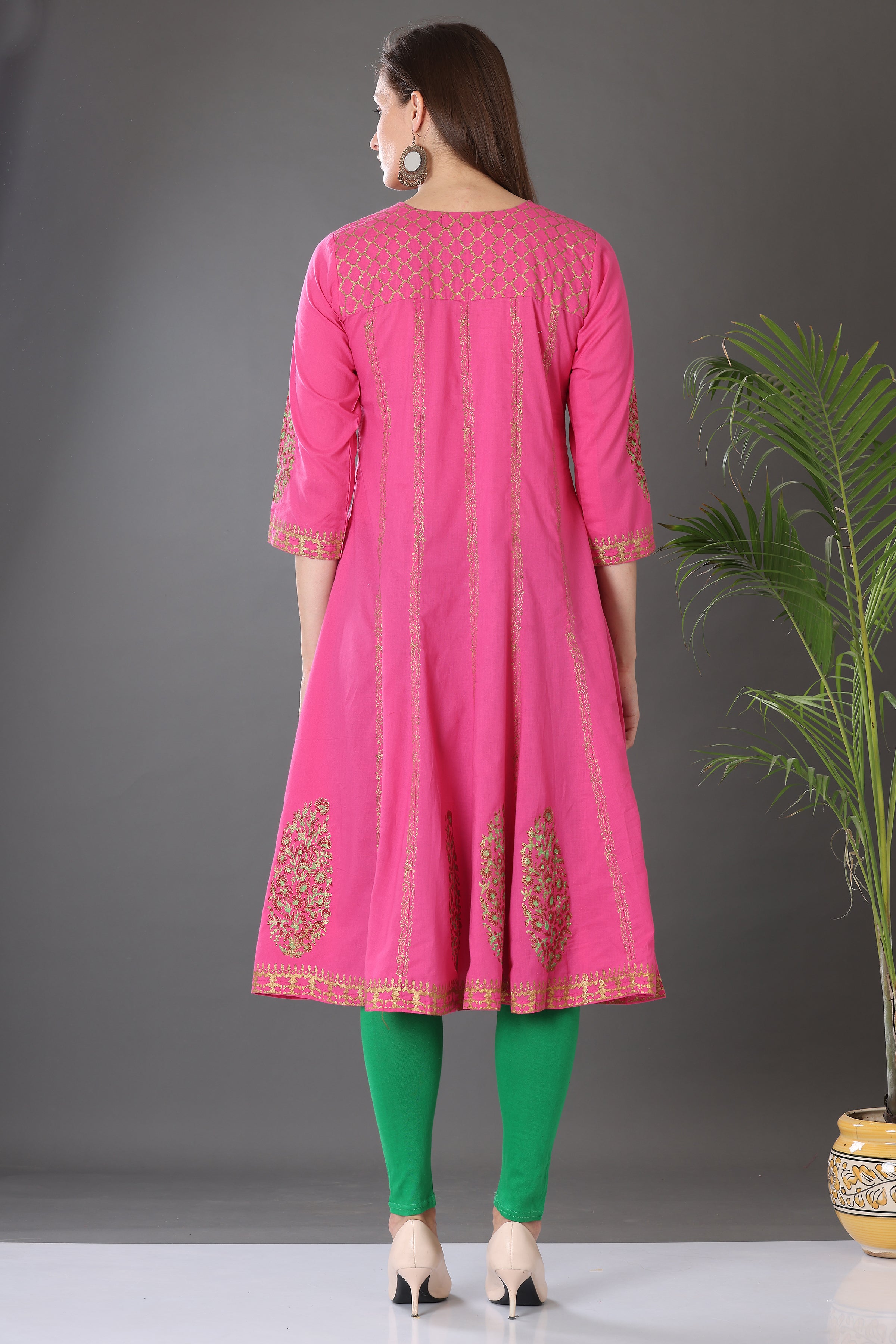 Kaanchie Nanggia Pink Block Printed Anarkali with Leggings and Dupatta (Set of 3)