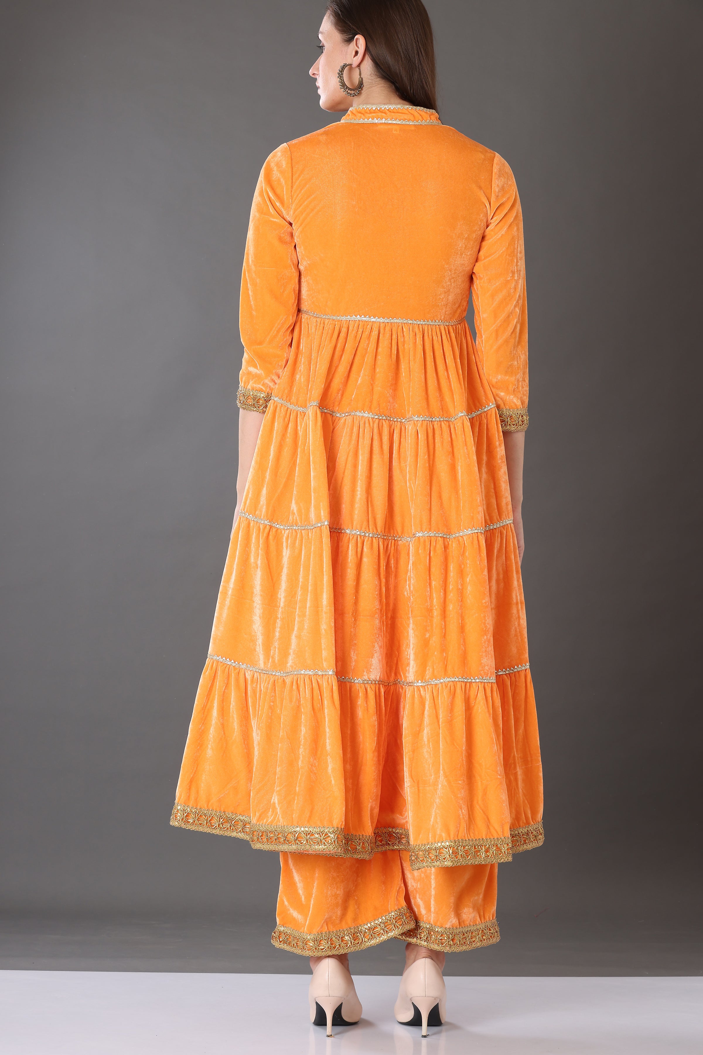Kaanchie Nanggia Orange Velvet with Gota Patti Work Flared Kurta Palazzo & Dupatta (Set of 3)