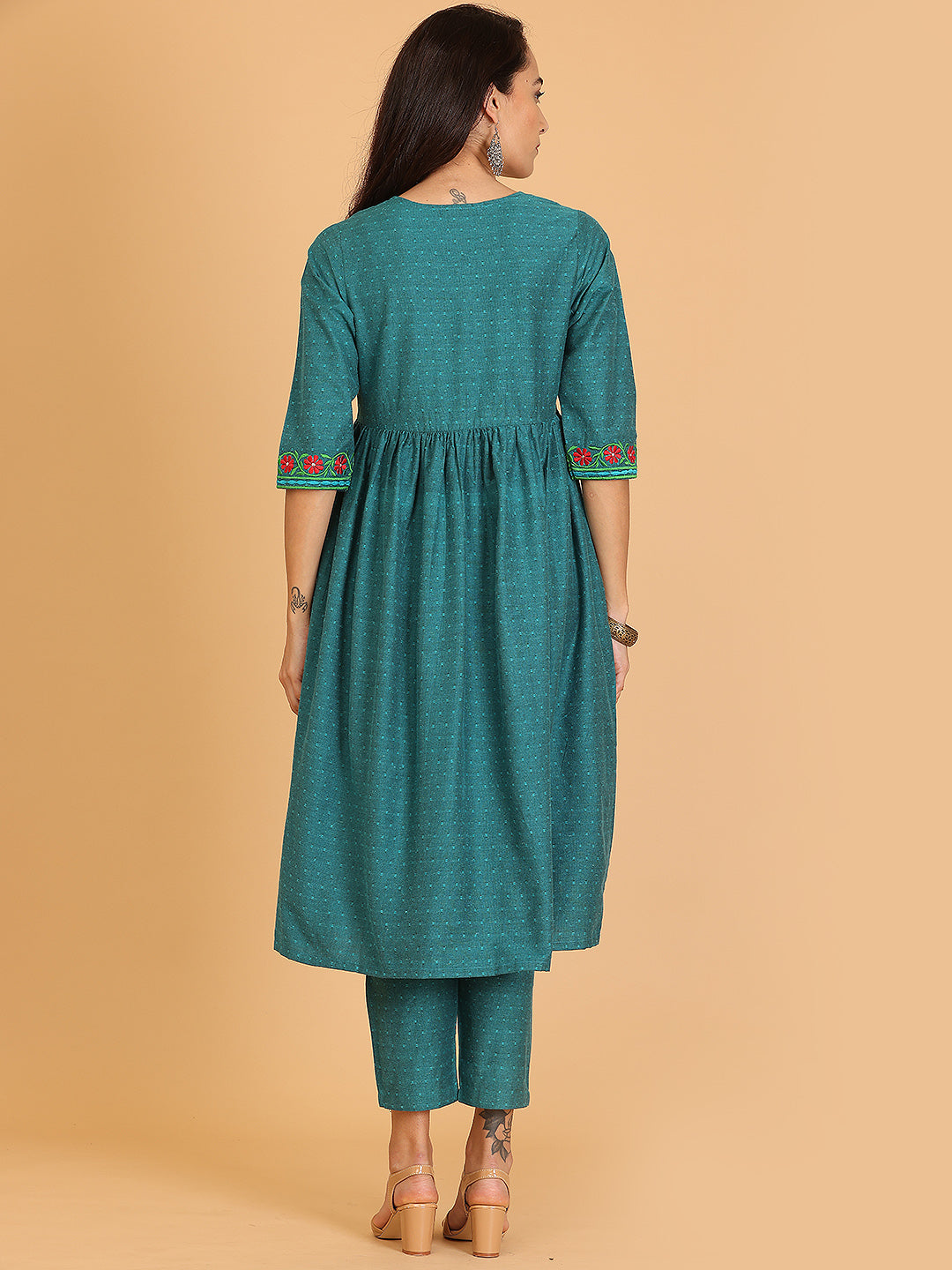 Kaanchie Nanggia Green Embroidered Flayred Kurta with Pant (Set of 2)