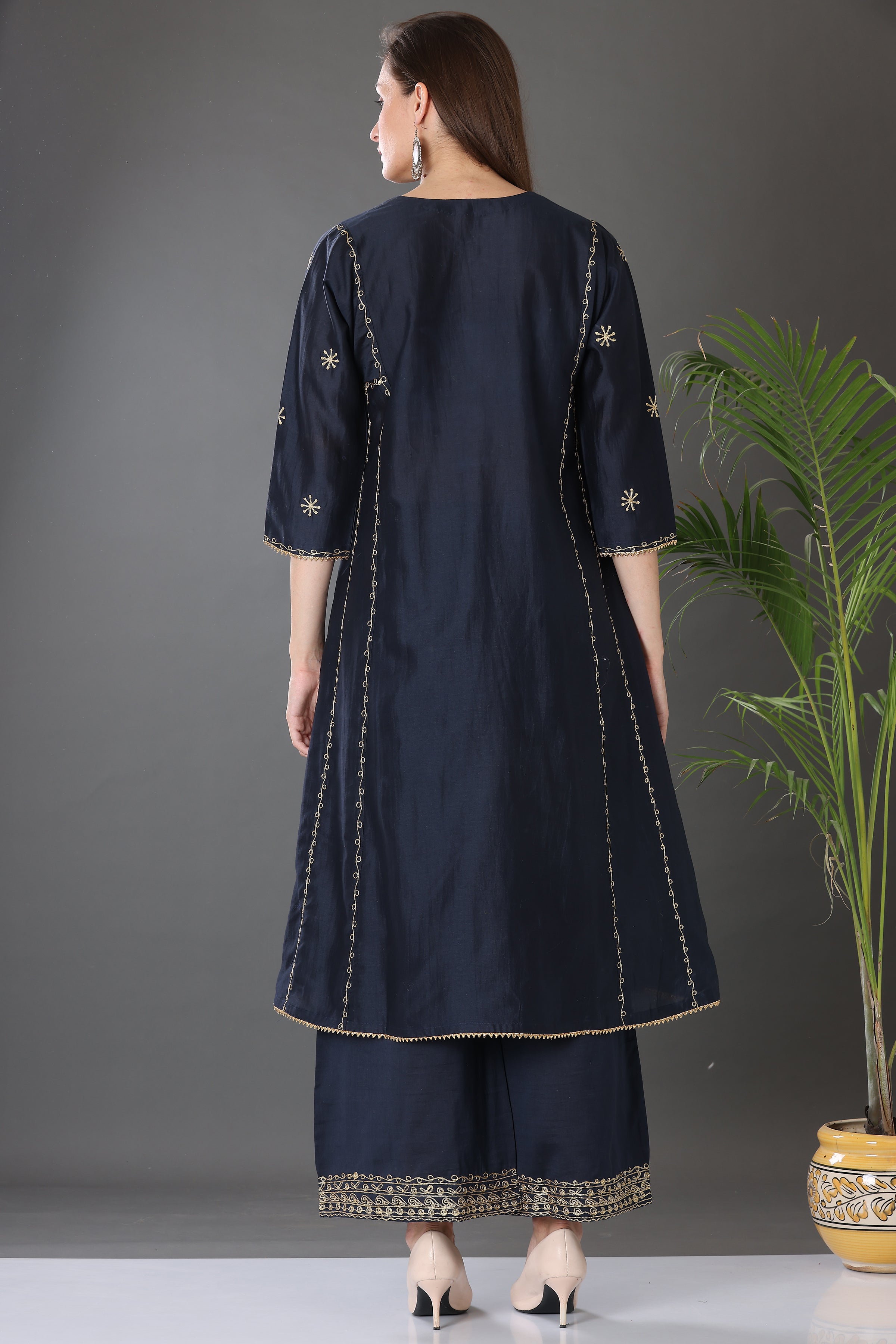 Kaanchie Nanggia Navy Blue Embroidered Cotton Silk Kurta Palazzo (Set of 2)