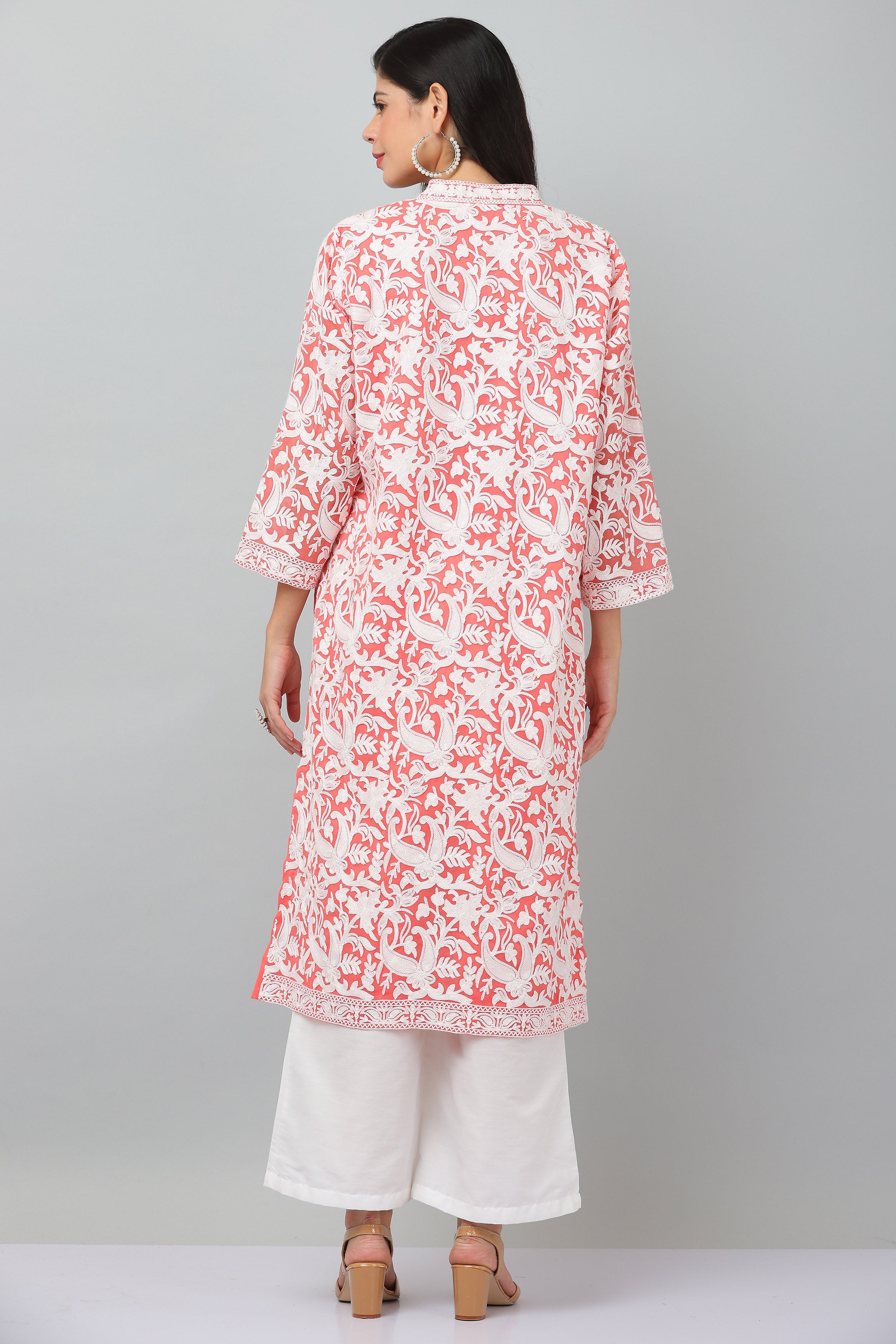 Kaanchie Nanggia Peach Georgette Embroidered Kurta & Dupatta with Pant (Set of 3)