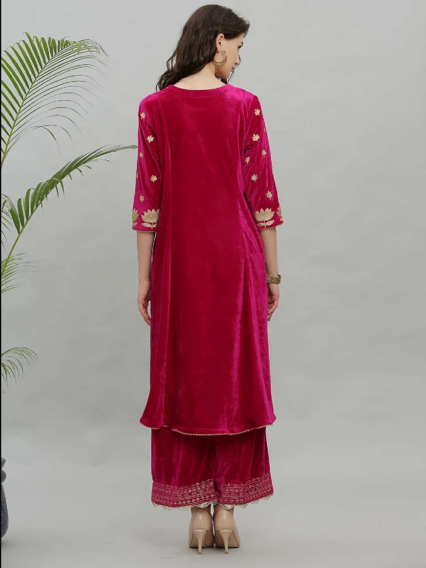 Kaanchie Nanggia Pink Embroidery Velvet Kurta Pallazo - (Set of 2)