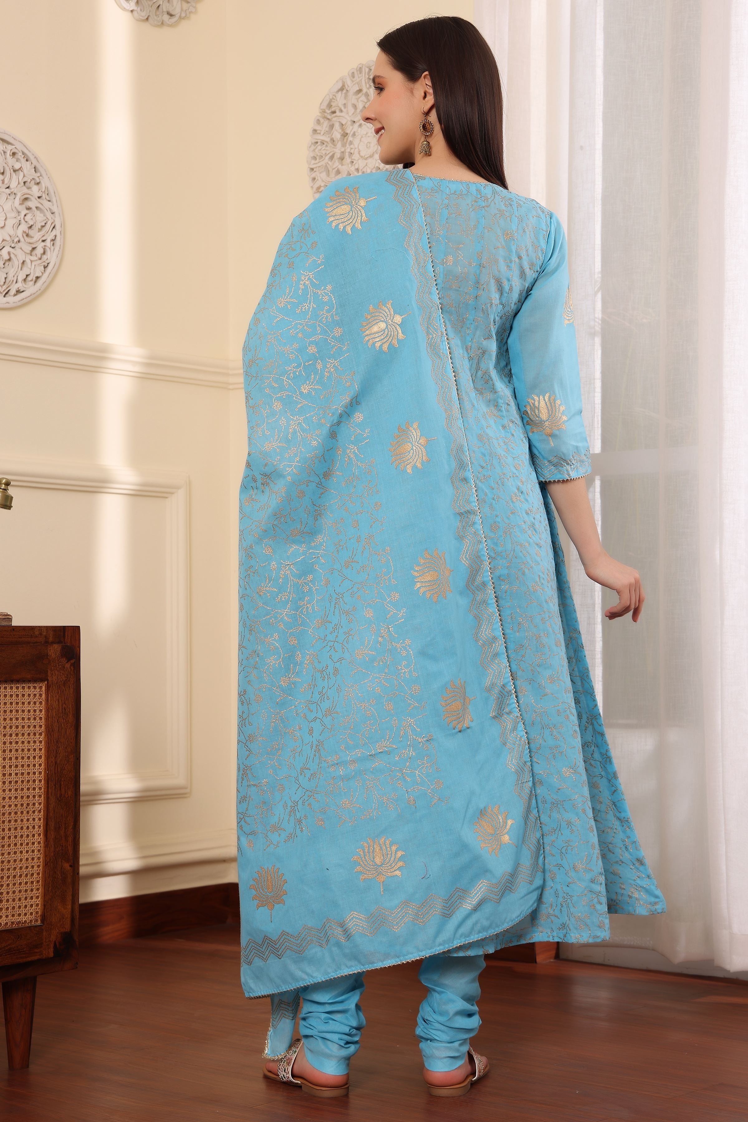 Kaanchie Nanggia Blue Printed Kalidar Kurta Dupatta with Churidar (Set of 3)