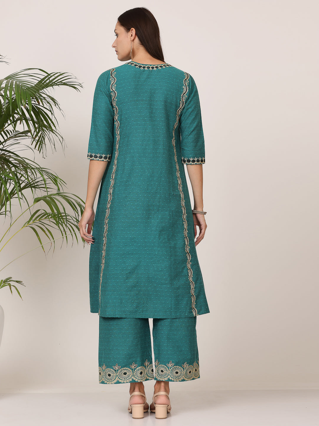 Kaanchie Nanggia Dark Green Pure Silk Embroidered Flayed Kurta Palazzo with Dupatta (Set of 3)