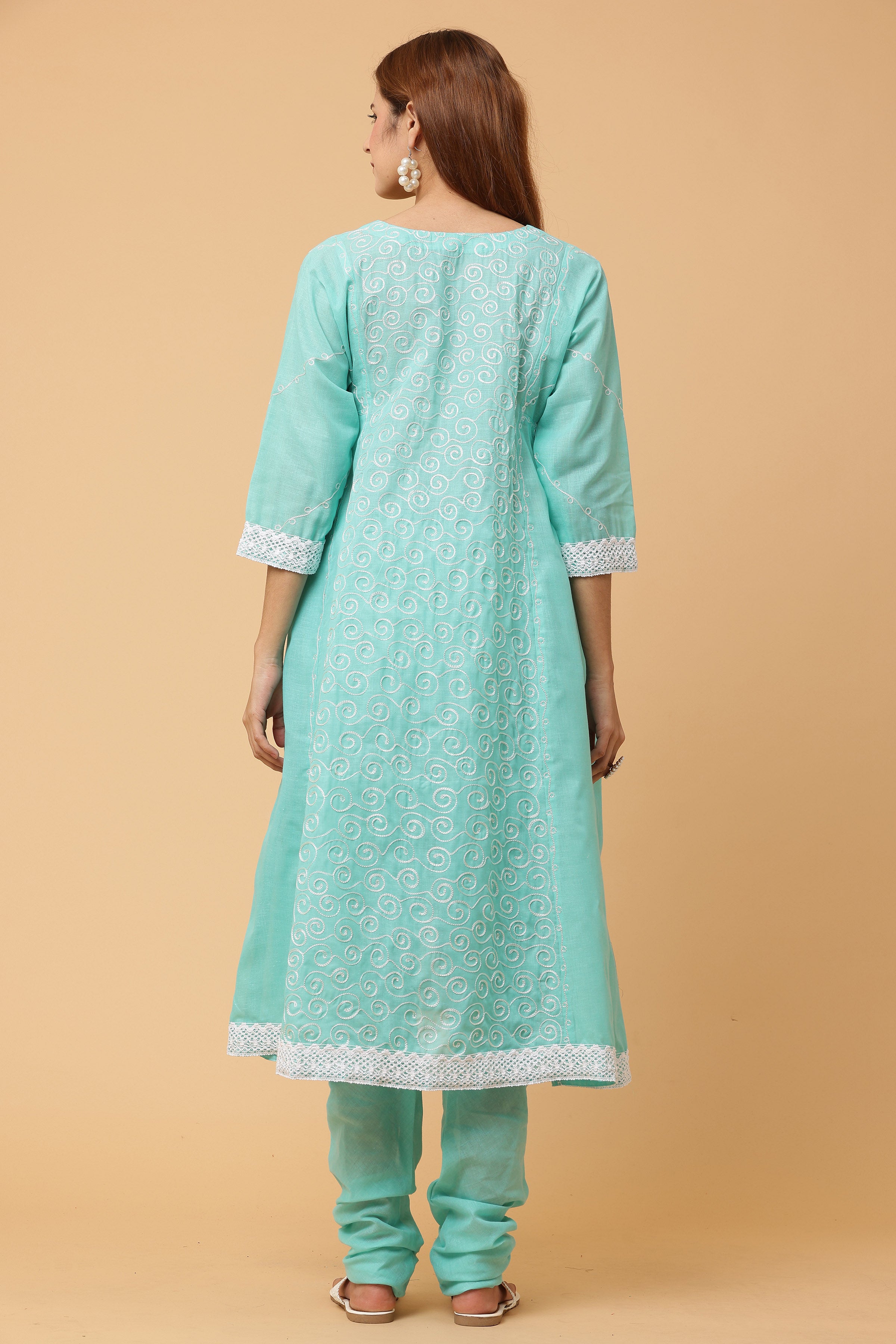Kaanchie Nanggia Turquoise Kalidar Embroidered Kurta Chudidar with Dupatta (Set of 3)