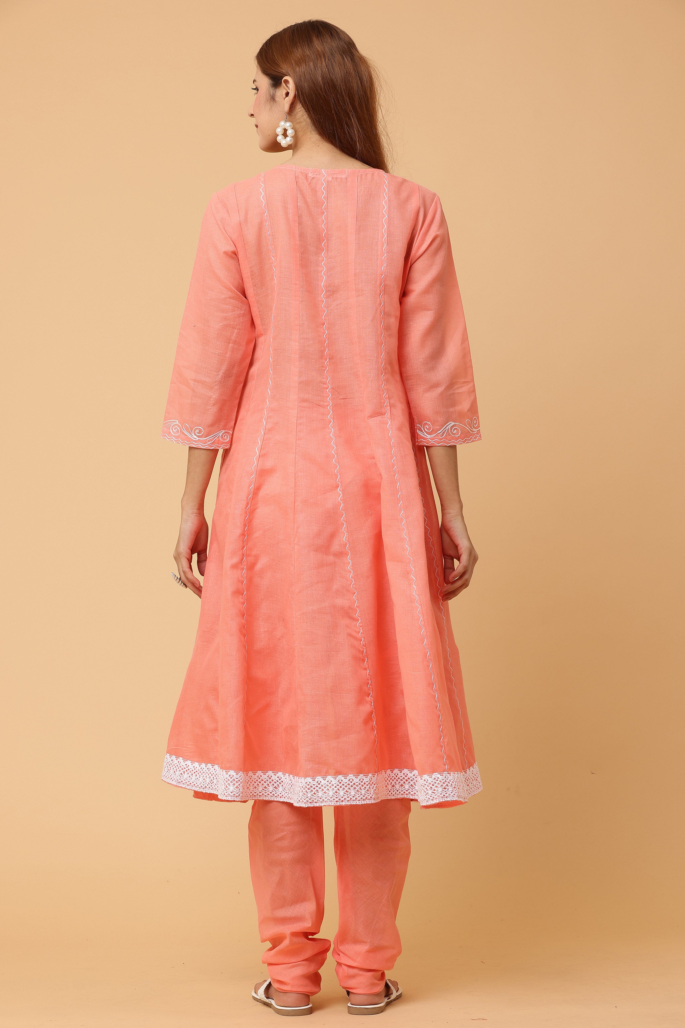 Kaanchie Nanggia Peach Kalidar Embroidered Kurta Chudidar with Dupatta (Set of 3)