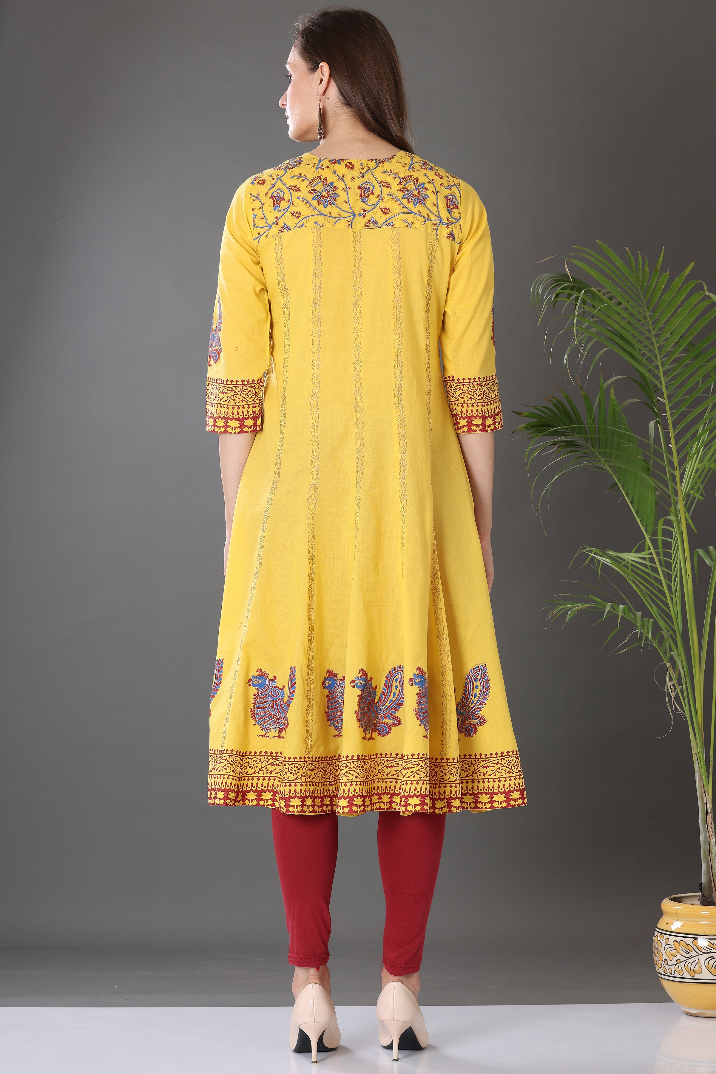Kaanchie Nanggia Yellow Block Printed Anarkali with Leggings and Dupatta (Set of 3)
